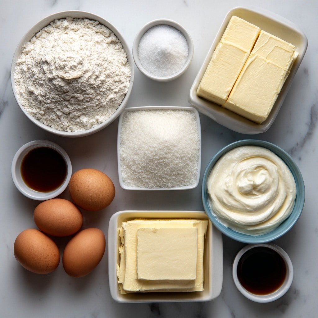 Flat lay of a small white ceramic bowl of all-purpose flour, a small white ceramic bowl of baking powder, a small white ceramic bowl of salt, a square of softened unsalted butter, a small white ceramic bowl of granulated sugar, three large brown eggs with clean shells, a small white ceramic bowl of vanilla extract, a small white ceramic bowl of whole milk, four fresh blocks of softened cream cheese, a small white ceramic bowl of sour cream, a small white ceramic bowl of heavy cream, a single large egg with a clean shell, placed on a clean white marble surface, soft natural light, photo taken with an iPhone, professional food photography style, fresh ingredients, white ceramic bowls, no bottles, no duplicates, no utensils, no packaging --ar 1:1 --v 7 --p m7354639359234015250 — Cheesecake with Pound Cake Center, cheesecake with pound cake, layered cheesecake dessert, pound cake filled cheesecake, decadent cheesecake recipes