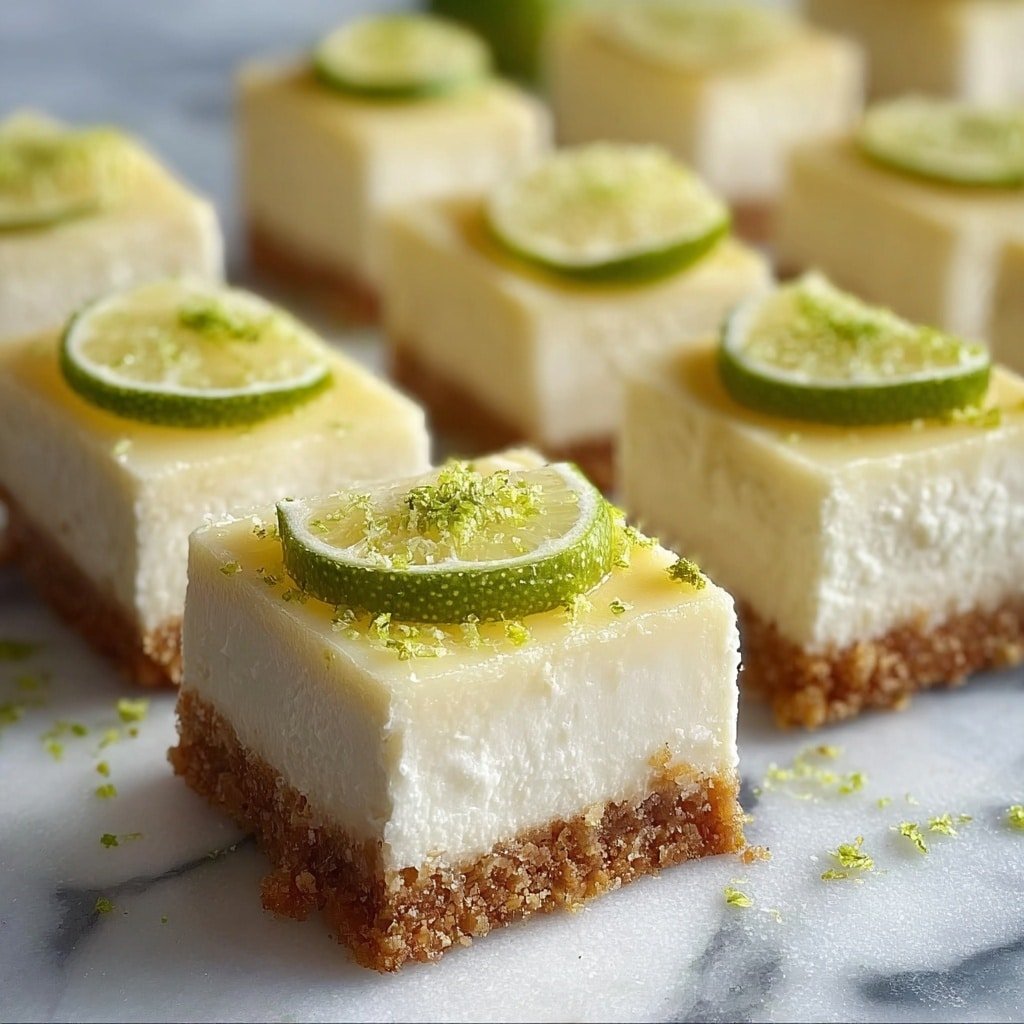 The image shows several pieces of lime dessert bars arranged in rows on a white marbled surface. Each bar has three layers: a crumbly light brown base layer, a thick pale yellow middle layer with a smooth texture, and a dusting of white powdered sugar on top. Each piece is decorated with a small wedge of bright green lime and some green lime zest sprinkled over the powdered sugar. The bars appear moist and fresh with sharp edges and fine details on the lime wedges. Photo taken with an iphone --ar 1:1 --v 7 — Key Lime Bars, Key Lime Bars recipe, how to make Key Lime Bars, easy Key Lime Bars, tropical lime bars