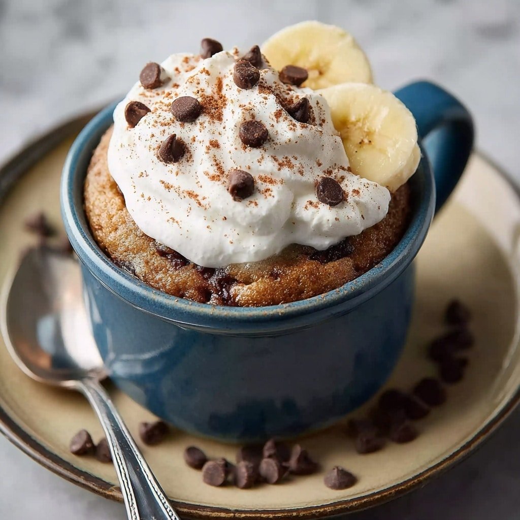 A warm, softly baked cake sits in a white mug with some batter slightly spilling down the sides, showing a golden-brown color with dark chocolate chips mixed in. On top, there is a thick layer of creamy white whipped topping sprinkled with small chunks of walnuts and a few chocolate chips. Three round slices of banana rest gently on the edge of the cake under the whipped topping. The mug is placed on a white saucer, with a silver spoon beside it, all set against a white marbled background. photo taken with an iphone --ar 1:1 --v 7 — Chocolate Chip Banana Mug Cake, quick banana mug cake, easy mug cake with chocolate, single-serve banana treat, fast dessert mug cake