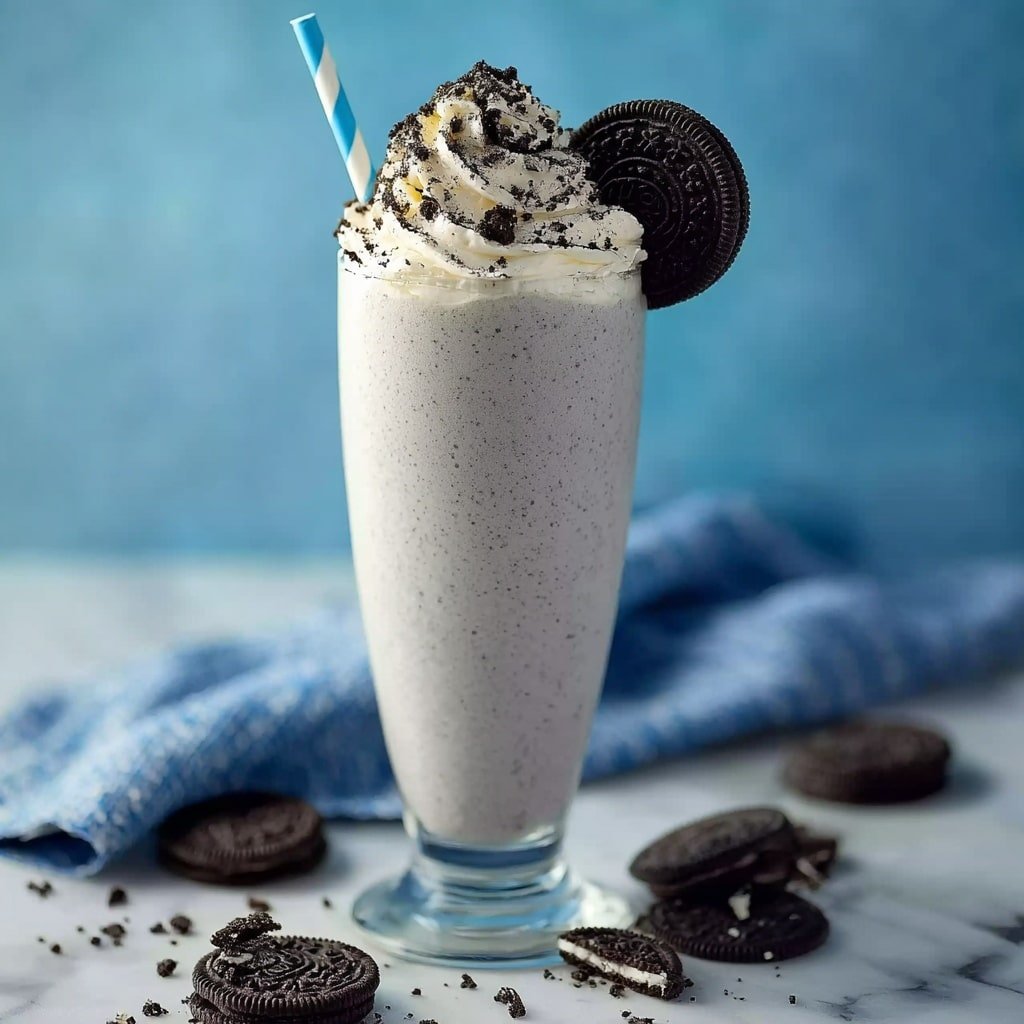 A tall glass filled with a light grey cookies and cream milkshake, topped with a thick swirl of white whipped cream sprinkled with dark cookie crumbs, and garnished with a whole dark cookie placed on the rim. A blue and white striped straw is inserted near the whipped cream. The glass sits on a white marbled surface scattered with whole and broken dark cookies. The background is a soft blue with a folded blue and white cloth. Photo taken with an iphone --ar 1:1 --v 7 — Oreo Milkshake, Oreo Milkshake Recipe, Creamy Oreo Shake, Easy Oreo Milkshake, Chocolate Cookie Shake