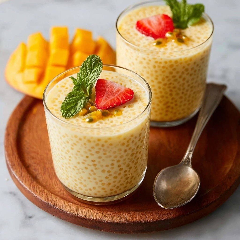 This image shows two white glasses filled with a layered dessert placed on a wooden round tray. The bottom layer is white with small translucent round bits, looking like tapioca pearls mixed with milk. Above it is a thick yellow layer that looks like mango puree or custard. On top of the yellow layer, there are small cubes of fresh yellow mango, a red strawberry, and a small green mint leaf for garnish. The background surface has a white marbled texture. Two silver spoons rest on the wooden tray next to the glasses. Photo taken with an iphone --ar 1:1 --v 7 — Mango Tapioca Pudding, tropical dessert recipes, easy tapioca pudding, mango dessert ideas, creamy fruit puddings