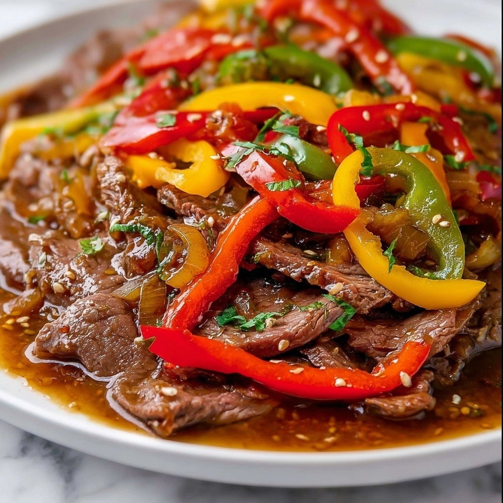 The dish shows many pieces of brown cooked meat arranged closely together on a white plate, with slices of yellow, red, and green bell peppers spread among the meat. There are also some white onion pieces mixed in, all covered with a shiny sauce that makes the ingredients look moist and glossy. Small slices of green chili peppers are scattered on top, adding a little contrast in color. The white plate sits on a white marbled surface. photo taken with an iphone --ar 1:1 --v 7 — Slow Cooker Pepper Beef, easy slow cooker beef recipes, comforting beef dishes, flavorful beef stir-fry, tender beef with peppers