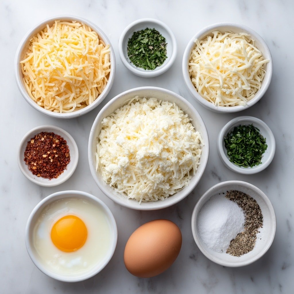 Flat lay of fresh grated cauliflower in a simple white ceramic bowl, a small white bowl with shredded sharp cheddar cheese, another small white bowl with shredded mozzarella cheese, a small white bowl holding finely grated Parmesan cheese, one whole uncracked brown egg, a small white bowl containing finely minced garlic, three small white bowls each with dried basil, dried parsley, and salt, and one small white bowl with ground black pepper, all arranged with perfect symmetry and balanced proportions, placed on a clean white marble surface, soft natural light, photo taken with an iPhone, professional food photography style, fresh ingredients, white ceramic bowls, no bottles, no duplicates, no utensils, no packaging --ar 1:1 --v 7 --p m7354639359234015250 — Cheesy Cauliflower Breadsticks, healthy cauliflower breadsticks, cheesy veggie breadsticks, low-carb cauliflower snacks, easy cauliflower breadsticks