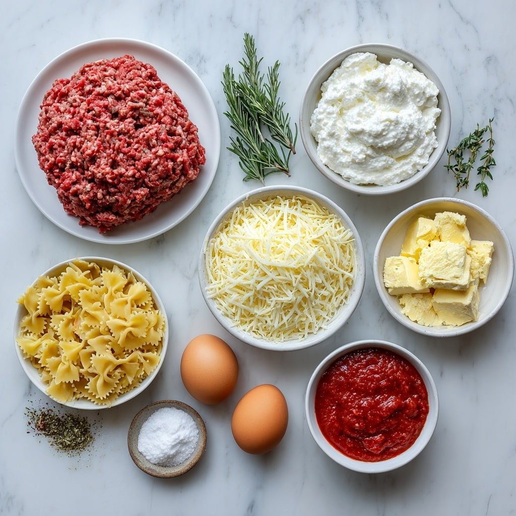 Flat lay of a mound of lean ground beef, an uncut block of cream cheese, a small heap of sour cream dolloped on white ceramic plate, a scoop of ricotta cheese on a white bowl, a pile of shredded mozzarella cheese in a simple white bowl, a few sprigs of dried Italian seasoning, a small white bowl with garlic powder, two small white bowls filled with deep red marinara sauce, a portion of uncooked bowtie (farfalle) pasta, and two whole brown eggs placed symmetrically, all arranged with perfect balance on a clean white marble surface, soft natural light, photo taken with an iPhone, professional food photography style, fresh ingredients, white ceramic bowls, no bottles, no duplicates, no utensils, no packaging --ar 1:1 --v 7 --p m7354639359234015250 — Creamy Ground Beef Pasta, Creamy Ground Beef Pasta recipe, hearty beef pasta, slow cooker beef pasta, comfort food pasta