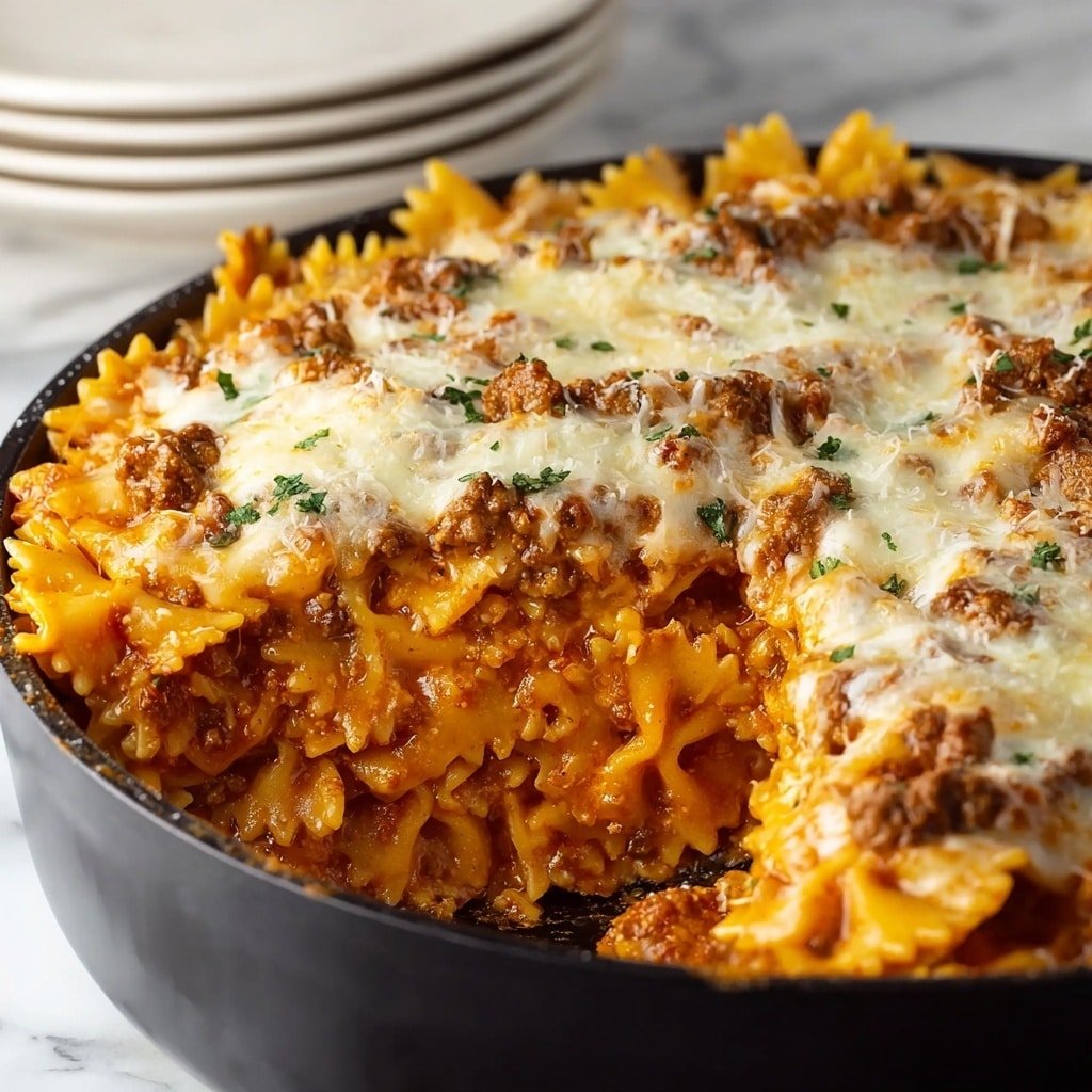 A large scoop of pasta is lifted, showing three layers: the bottom layer is golden and ruffled pasta tossed in rich reddish-brown meat sauce, the middle layer is thick and chunky with browned meat bits mixed with pasta, and the top layer is melted white cheese stretching in thin strings from the scoop to the pan below. The pasta pieces are ruffled and glossy from sauce. The background shows a white marbled surface with blurred kitchen items. photo taken with an iphone --ar 1:1 --v 7 — Creamy Ground Beef Pasta, Creamy Ground Beef Pasta recipe, hearty beef pasta, slow cooker beef pasta, comfort food pasta