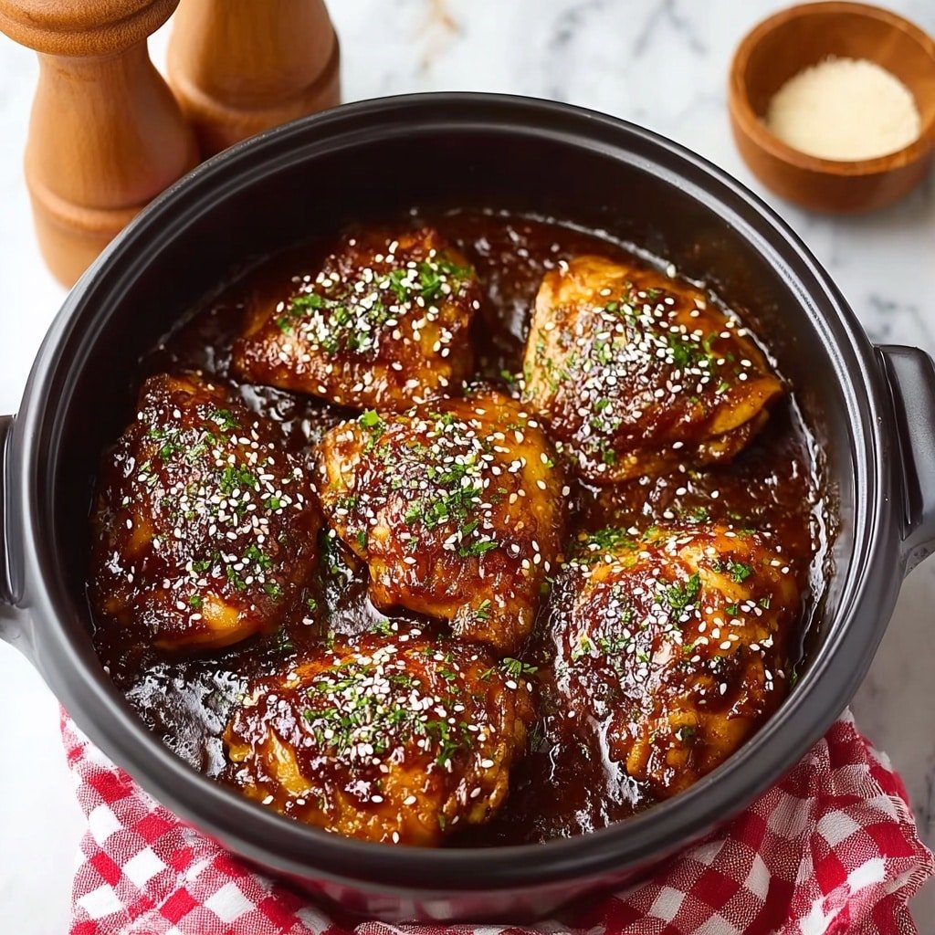 The image shows four pieces of cooked chicken thighs inside a black pan, covered with a shiny, sticky dark brown sauce. Each piece is sprinkled generously with small white sesame seeds and finely chopped green herbs, adding texture and color contrast. The chicken skin appears crispy with some browned spots, giving a rich caramelized look. The sauce pools slightly around the chicken, reflecting light and enhancing the glossy surface. The background is a white marbled texture. Photo taken with an iphone --ar 1:1 --v 7 — Honey Garlic Chicken Thighs Slow Cooker, simple chicken thigh recipes, easy slow cooker chicken, comforting chicken dinner, flavorful chicken recipes