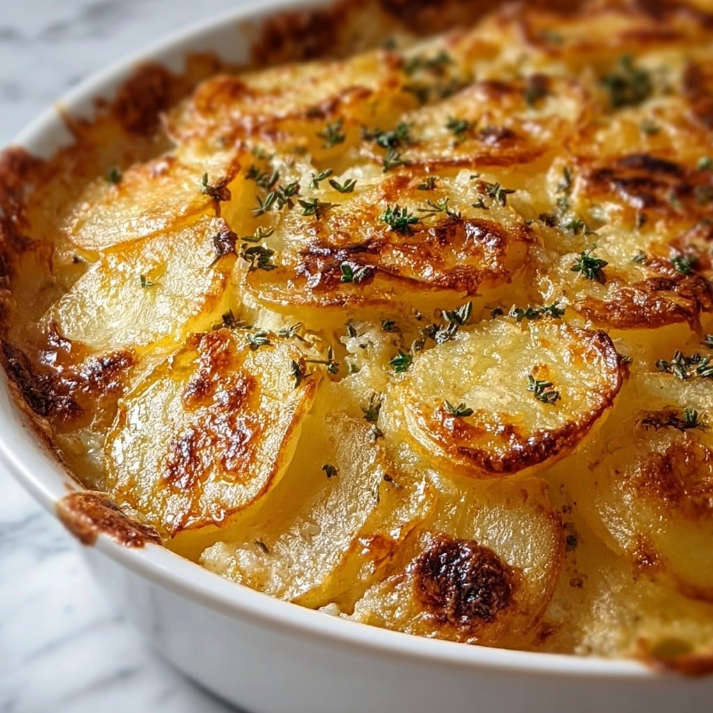 The image shows a close-up of a layered potato dish in a white baking dish. The top layer consists of thinly sliced golden-brown potatoes with some crispy edges and scattered green herbs. Underneath, there are thicker chunks of soft, creamy-looking potatoes mixed with small bits of cooked onion. The texture contrasts between the crunchy top layer and the soft layers underneath are clear. The white marbled surface is slightly visible around the edges of the dish. photo taken with an iphone --ar 1:1 --v 7 — French Onion Potatoes Casserole, French Onion casserole recipe, cheesy potato casserole, caramelized onion potato bake, comforting potato casserole