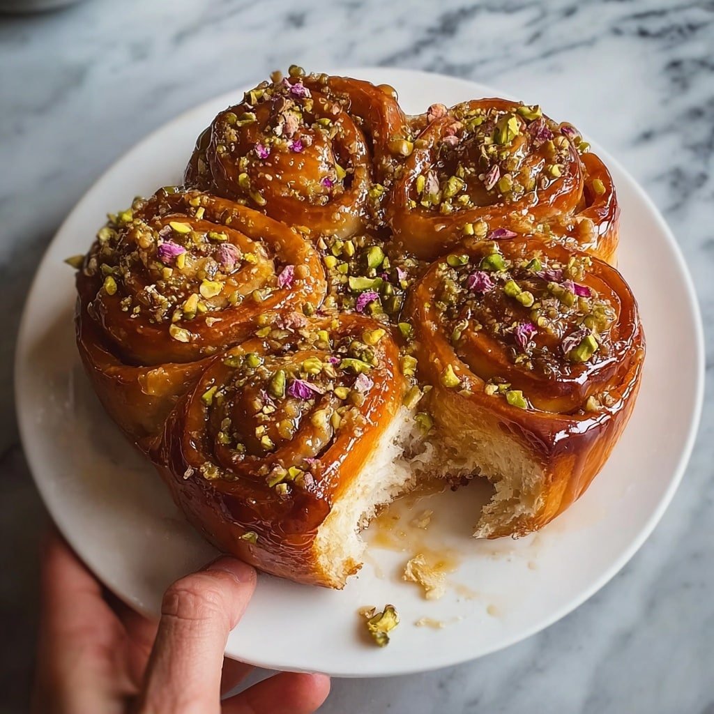 The image shows a round, twisted pastry with multiple layers of golden brown dough, each layer glossy and caramelized, sprinkled with chopped pistachios and sugar crystals on top. The pastry has a soft and fluffy inside with dough layers visible at the torn part in the front. It is placed on a light wooden board with a woman’s hand gently holding it at the edge. The background is softly blurred with warm tones, and the surface beneath is a white marbled texture. photo taken with an iphone --ar 1:1 --v 7 — Baklava-Flavor Babka Buns, baklava-inspired buns recipe, homemade baklava babka, nut-filled babka buns, Middle Eastern flavor buns