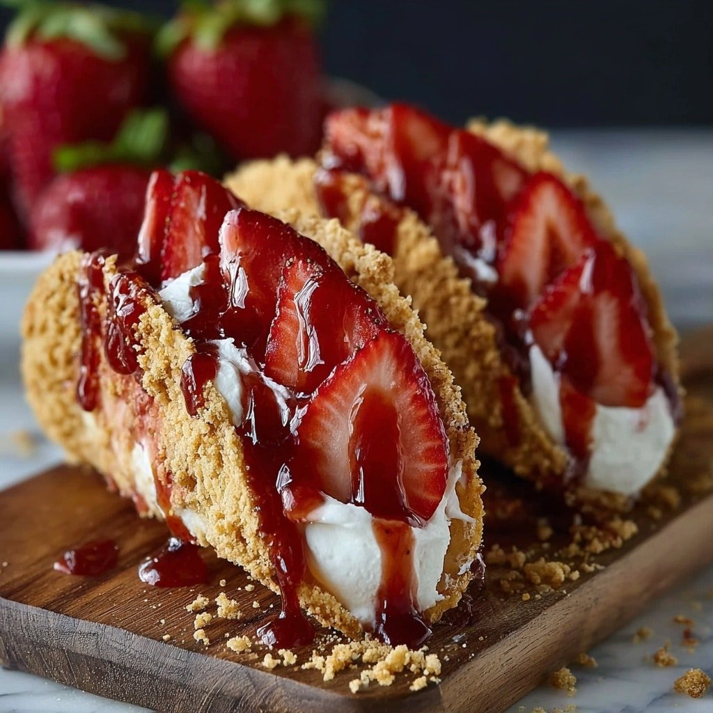 Two dessert taco shells made of golden crumbly cookie crust stand upright on a white marbled surface. Inside each shell, there is a thick layer of smooth white cream topped with bright red strawberry slices, cut into small chunks, neatly arranged inside. A shiny dark red sauce is drizzled over the strawberries and cream, dripping slightly down the sides and pooling on the surface below. Loose cookie crumbs are scattered around the base of the taco shells, and whole strawberries with green leaves are placed nearby for decoration. In the blurred background, a white bowl filled with whole strawberries is visible. photo taken with an iphone --ar 1:1 --v 7 — Strawberry Cheesecake Tacos, how to make strawberry cheesecake tacos, easy strawberry cheesecake dessert, summer fruit tacos, no-bake cheesecake tacos