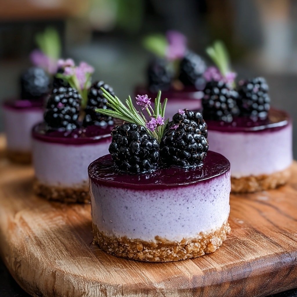 The image shows small round cakes with three layers: a crumbly light brown base, a thick middle layer of smooth light purple, and a shiny dark purple top layer. Each cake is topped with three blackberries and a small sprig of light purple flowers. The cakes are placed on a wooden board with a few blackberries and flower sprigs around them. The background is dark and out of focus, making the colors of the cakes stand out. photo taken with an iphone --ar 1:1 --v 7 — Blackberry Lavender Cheesecake Bites, mini cheesecake recipes, elegant dessert ideas, floral fruit desserts, easy berry cheesecake treats