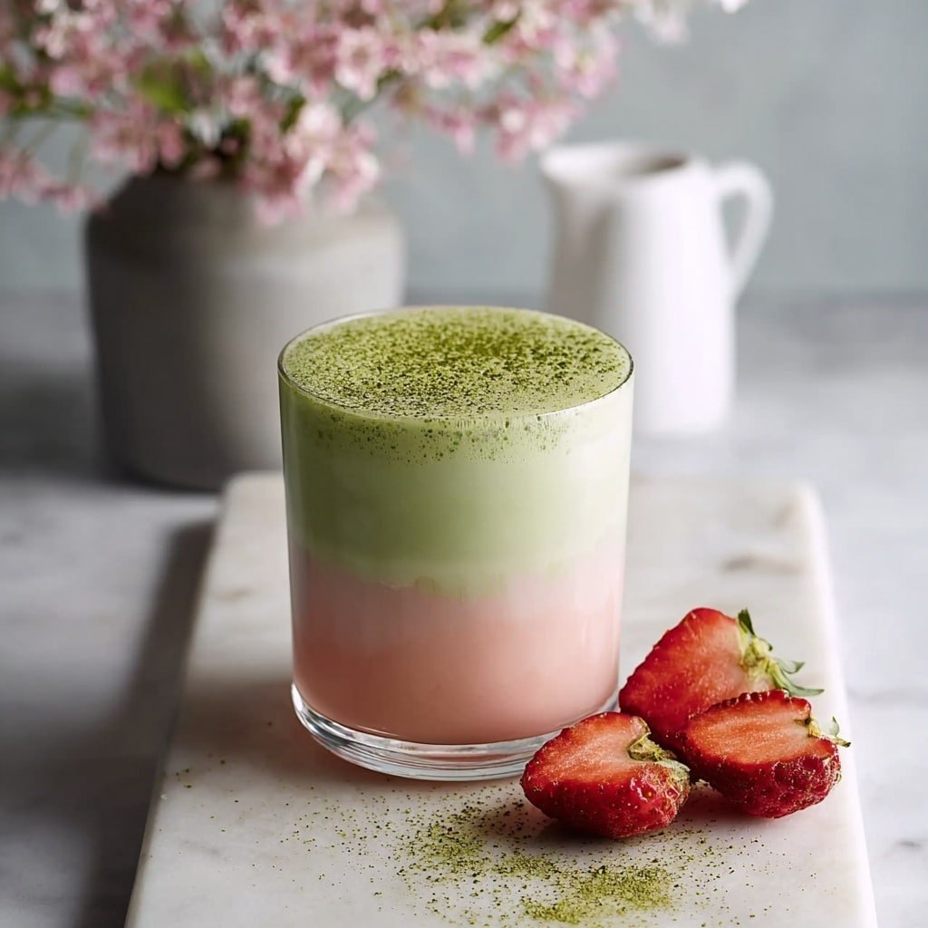 The image shows a mug with three layers of color: the bottom layer is pink with a smooth texture, the middle layer is white and fades softly into the top layer which is green and frothy, topped with a half strawberry placed on the rim. The mug sits on a white marbled square tray with two strawberry halves beside it. Photo taken with an iphone --ar 1:1 --v 7 — Strawberry Matcha Latte, strawberry matcha beverage, healthy matcha drink, refreshing strawberry latte, easy matcha tea recipe
