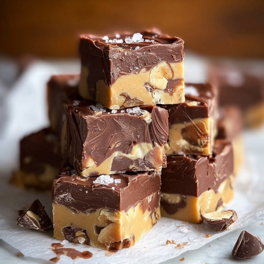 A close-up view of seven thick square pieces of fudge stacked unevenly on a white marbled surface with white parchment paper underneath. Each fudge piece has a smooth, glossy chocolate outer layer swirled with a rich tan caramel layer running throughout, creating an artistic marbled look. The caramel swirls form soft waves and pockets within the dense chocolate layers, showing a rich, creamy texture. The top fudge piece shows clear edges and the intricate mix of dark brown chocolate and golden caramel as the most detailed focus. Photo taken with an iphone --ar 1:1 --v 7 — Milky Way Fudge, easy Milky Way fudge, caramel chocolate fudge, homemade candy recipes, decadent fudge treats