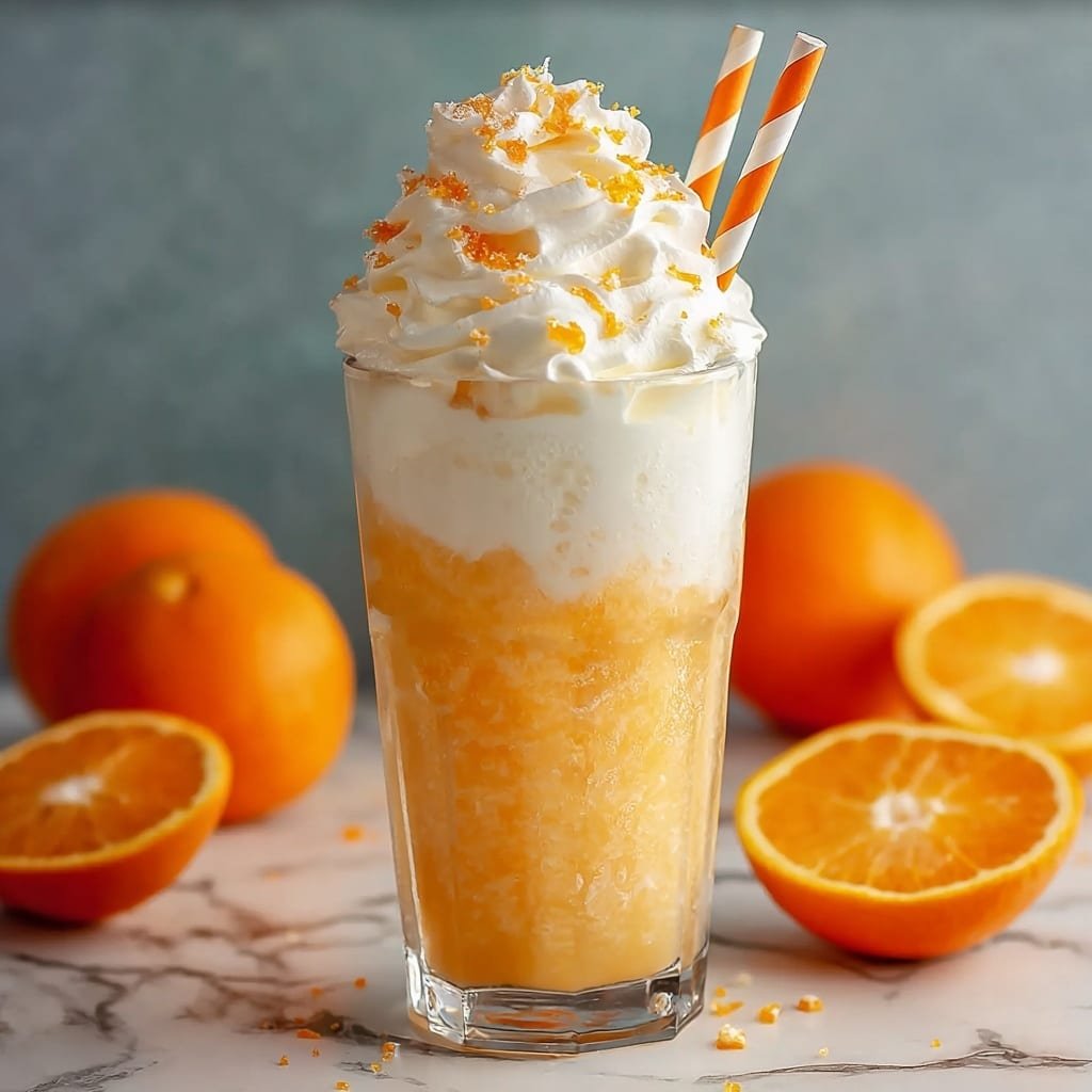 A clear glass filled with layers of a frozen orange drink showing four main layers: at the bottom, a pale creamy yellow layer, above it a thicker white creamy layer, then a dense light orange icy slush layer, and on top a textured bright orange icy slush mound overflowing slightly above the rim. An orange slice is placed on the rim of the glass, and an orange and white striped paper straw sticks out from the icy top. The glass sits on a white marbled board with fresh orange segments and a small sprig of mint nearby, all set against a neutral blurred background. Photo taken with an iphone --ar 1:1 --v 7 — Creamsicle Orange Soda Cocktail, orange soda cocktail, creamy orange drink, nostalgic summer cocktails, easy fruity cocktail recipe