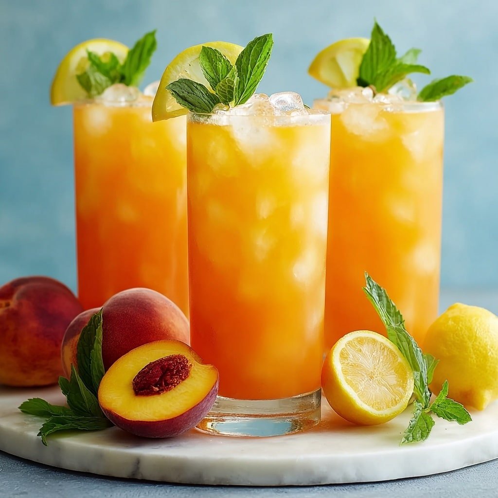Three clear glasses filled with crushed ice and orange-yellow peach drink, each topped with fresh green mint leaves and a slice of peach on the rim. The glasses are placed on a wooden board resting on a white marbled surface. Around the glasses, there are whole peaches and sliced peach wedges showing bright yellow and red flesh. The background is softly blurred, emphasizing the bright, fresh colors of the drinks and fruit. Photo taken with an iphone --ar 1:1 --v 7 — Peach Lemonade, homemade peach lemonade, refreshing fruit drinks, summer beverages, easy lemonade recipe