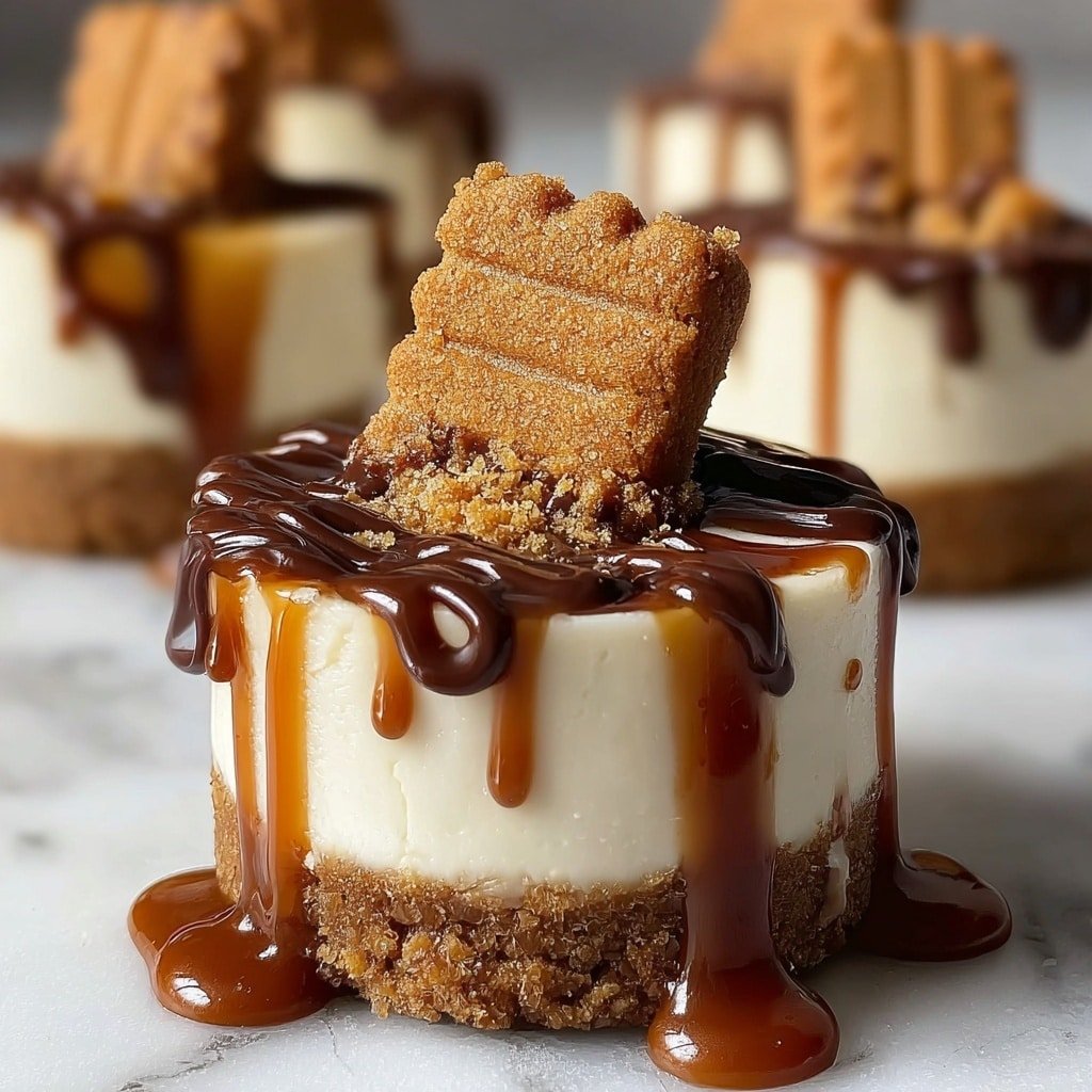 Three small cheesecake cups are stacked with one on top showing a bite revealing three layers: a dark brown crumb base on the bottom, a creamy white cheesecake layer in the middle, and a smooth caramel brown top layer. The caramel sauce drips down the sides of each cheesecake cup with small crumbles scattered on top. Each cheesecake cup is decorated with a square biscuit inserted upright into the top layer. The background is a white marbled surface with soft lighting highlighting the creamy and crumbly textures of the cheesecakes. photo taken with an iphone --ar 1:1 --v 7 — Biscoff Cookie Butter Cheesecake Cups, Oreo cheesecake cups, no-bake cheesecake dessert, easy Biscoff cheesecake, comforting dessert recipes