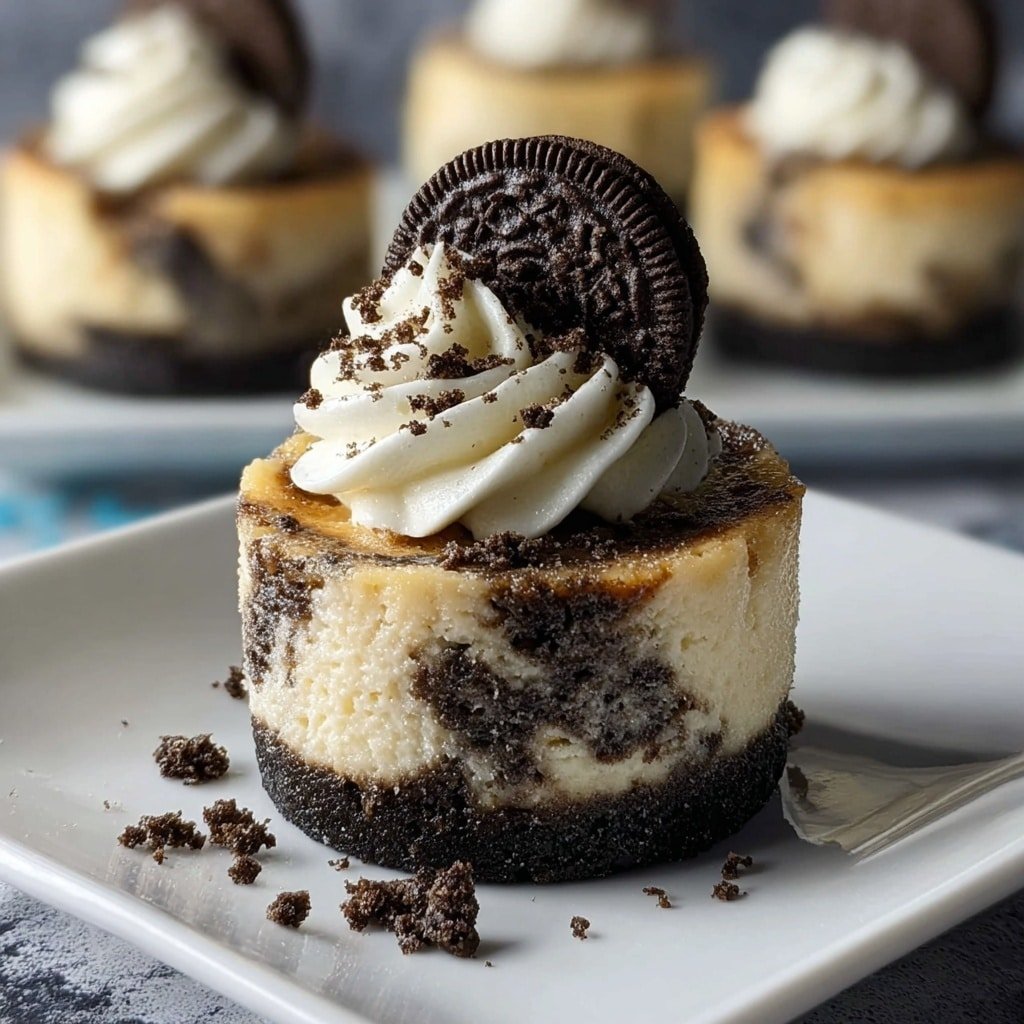A small round cheesecake with three visible layers sits on a white plate over a white marbled surface. The bottom layer is dark crushed cookie crumbs, the middle layer is creamy light yellow cheesecake with bits of dark cookie inside, and the top layer shows a slightly browned creamy surface. On top of the cheesecake is a swirl of white cream, sprinkled with dark cookie crumbs, and a whole dark cookie placed in the center. Thick dark chocolate sauce drips down the side of the cheesecake in two streams, pooling slightly at the base. Other similar cheesecakes are blurred in the background. photo taken with an iphone --ar 1:1 --v 7 — Oreo Stuffed Mini Cheesecakes, mini cheesecake recipes, easy cheesecake desserts, no-bake cheesecake ideas, childhood favorite desserts