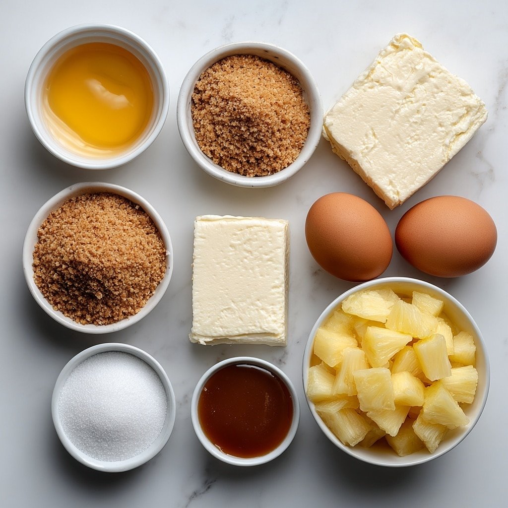 Flat lay of a small pile of golden graham cracker crumbs next to a small white bowl of melted golden butter, two large whole brown eggs with clean shells, a large block of creamy white cream cheese, a small white bowl of fine granulated white sugar, a small white bowl of clear vanilla extract, a small white bowl filled with bright yellow pineapple chunks, and a small white bowl of rich golden caramel sauce, all arranged symmetrically on a simple white ceramic surface -- placed on a clean white marble surface, soft natural light, photo taken with an iPhone, professional food photography style, fresh ingredients, white ceramic bowls, no bottles, no duplicates, no utensils, no packaging --ar 1:1 --v 7 --p m7354639359234015250 — Mini Pineapple Cheesecake Bites, Pineapple Cheesecake Bites, Tropical Cheesecake Bites, Easy Mini Cheesecake Recipes, No-Bake Cheesecake Treats