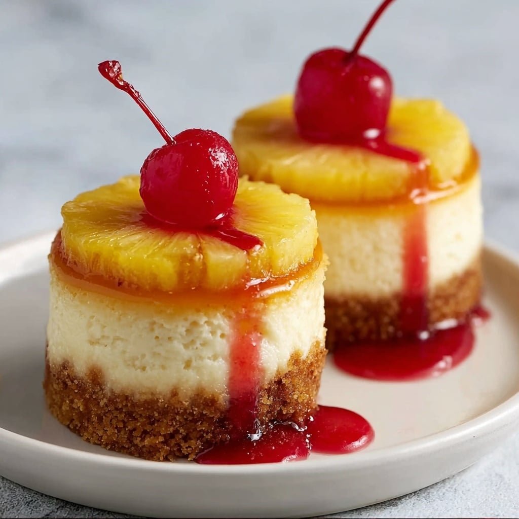 The image shows small round cheesecakes with three visible layers. The base is a light brown crumbly crust, rough in texture, and flat. The middle layer is thick, creamy, and pale yellow, with a smooth but slightly porous texture. On top of the cheesecake is a glistening slice of pineapple, yellow with caramelized edges arranged in a circle to cover the surface. Three bright red shiny cherries sit on the pineapple along with a fresh green mint leaf for decoration. The cheesecakes are placed on a wooden surface with a blurred out dark background. Photo taken with an iphone --ar 1:1 --v 7 — Mini Pineapple Cheesecake Bites, Pineapple Cheesecake Bites, Tropical Cheesecake Bites, Easy Mini Cheesecake Recipes, No-Bake Cheesecake Treats