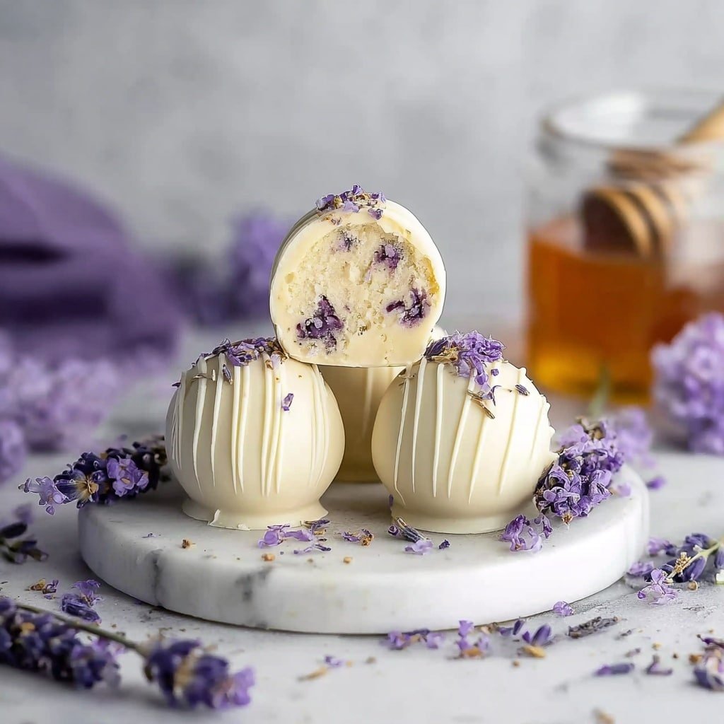 A white plate holds a stack of nine round white chocolate balls, each smooth with light swirl patterns on the surface. One ball on top is shown with a bite, revealing a creamy light purple inside mixed with a pale cream color. Small purple flower petals are sprinkled on top of each white chocolate ball, adding a delicate touch. The plate sits on a white marbled surface with scattered purple flower petals around it. In the background, there is soft, blurred purple flowers and white fabric, creating a calm, natural setting. A wooden honey dipper lies on the surface near the plate. Photo taken with an iphone --ar 1:1 --v 7 — Honey Lavender White Chocolate Truffles, honey lavender truffles, white chocolate truffles recipe, floral white chocolate treats, homemade lavender confections