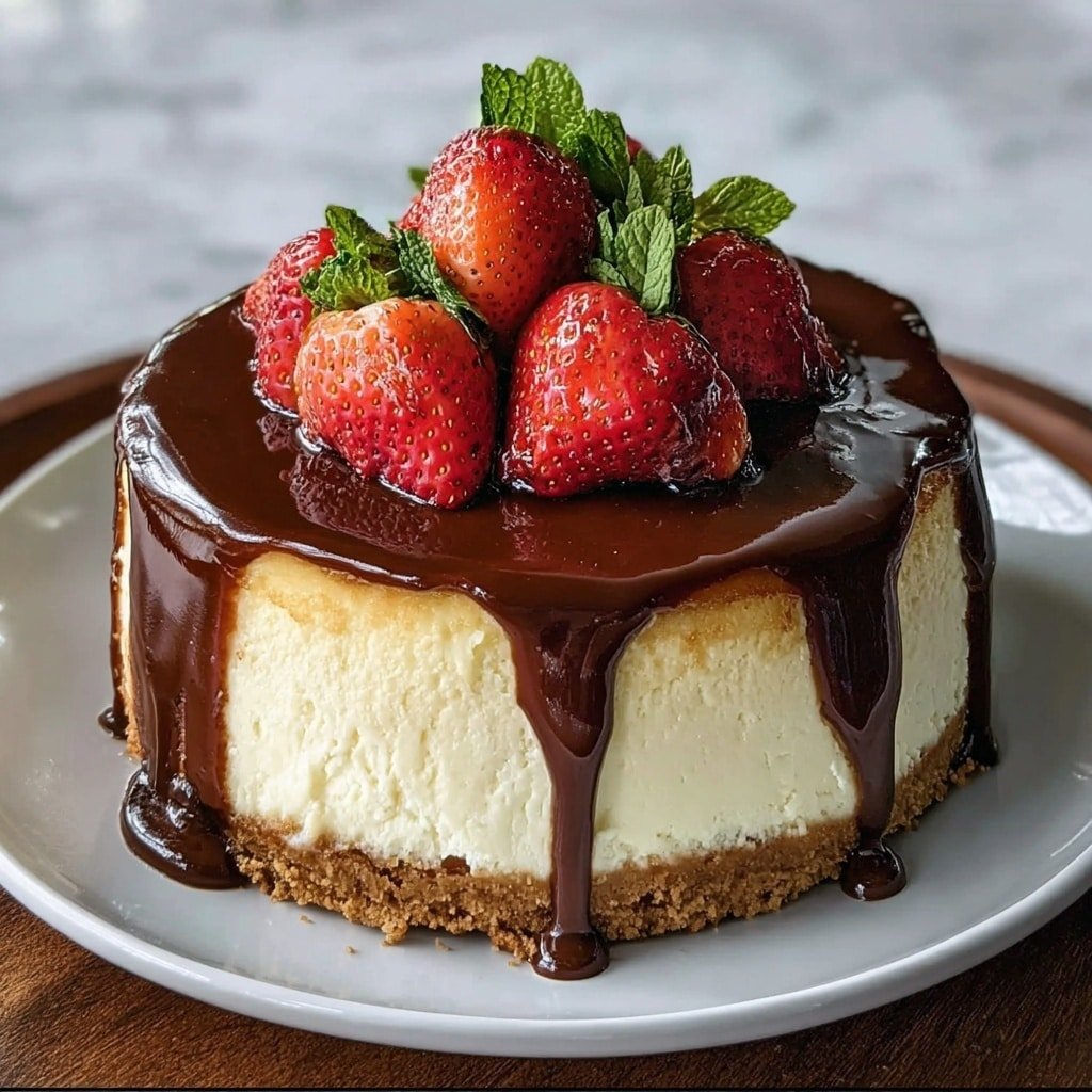 A thick cheesecake with three main layers is displayed on a white marbled surface; the base is a crumbly, light brown crust that supports a tall, creamy white layer of cheesecake filling. The top layer is a shiny, smooth caramel glaze that drips slightly down the sides. On top, there is a generous pile of fresh, bright red strawberries with small green leaves and a few dark blue blueberries scattered among them. The cake is partially sliced, showing the clean, smooth textures inside with caramel running down inside the cut area. The plate is white, creating a clean contrast with the rich colors of the cake and fruit. photo taken with an iphone --ar 1:1 --v 7 — Cheesecake with Pound Cake Center, cheesecake with pound cake, layered cheesecake dessert, pound cake filled cheesecake, decadent cheesecake recipes