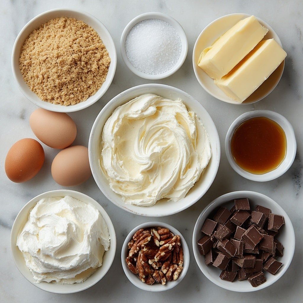 Flat lay of a small white bowl of golden ground graham crackers, a small white bowl with granulated sugar crystals, six uncracked whole brown eggs with clean shells, a few slices of pale unsalted butter arranged neatly, a simple white bowl filled with smooth softened cream cheese, a small white bowl with powdered sugar, a small white bowl of clear vanilla extract, a white ceramic bowl of freshly whipped heavy cream with soft peaks, a small white bowl of chopped semi-sweet chocolate chunks, a small white bowl containing thick caramel sauce, a small white bowl with chopped pecans, a small white bowl filled with mini semi-sweet chocolate chips, all evenly spaced with perfect symmetry, placed on a clean white marble surface, soft natural light, photo taken with an iPhone, professional food photography style, fresh ingredients, white ceramic bowls, no bottles, no duplicates, no utensils, no packaging --ar 1:1 --v 7 --p m7354639359234015250 — No Bake Turtle Cheesecake Bites, Turtle Cheesecake Miniatures, No Bake Cheesecake Treats, Easy Turtle Cheesecake Snacks, No Bake Dessert Recipes