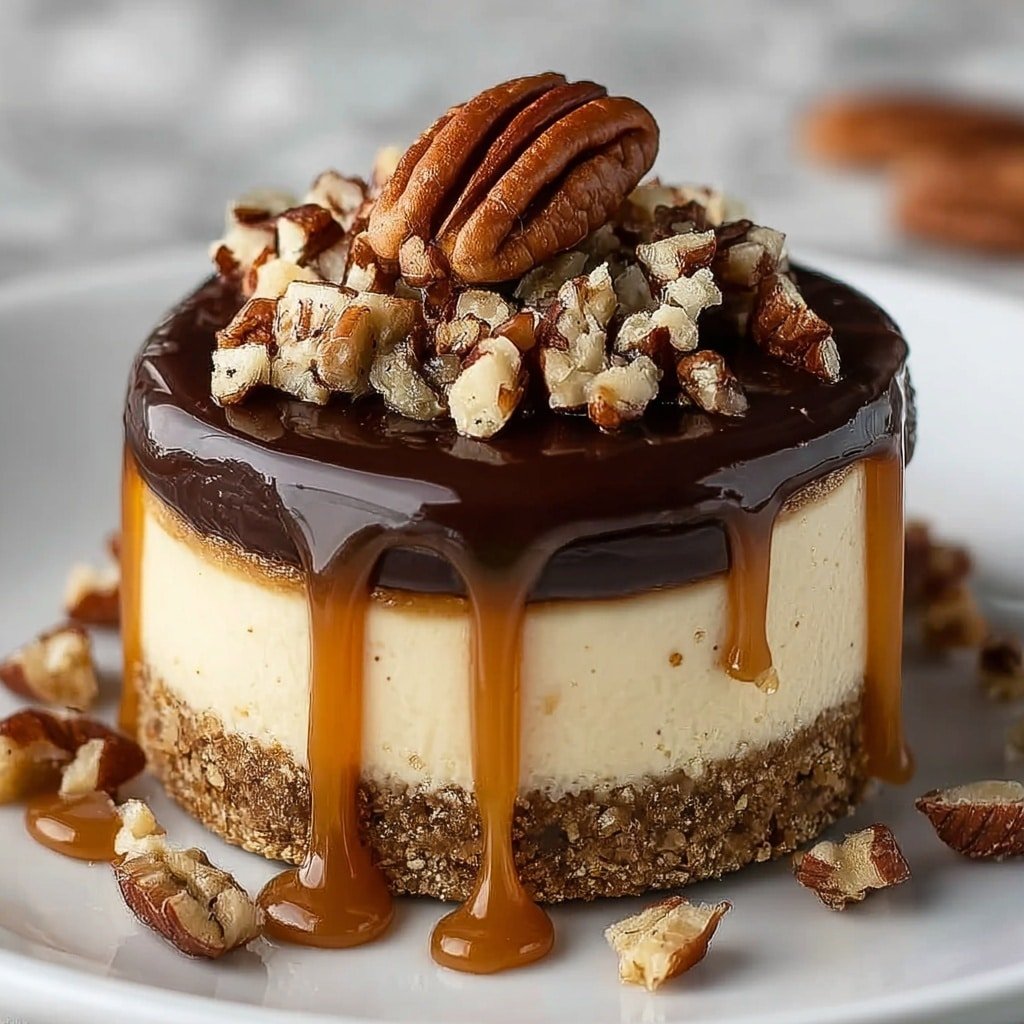A small round cheesecake sits on a white plate with a brown crumbly base layer at the bottom. Above the base is a thick creamy off-white layer of cheesecake. The top layer is covered with a shiny dark chocolate sauce that slightly drips down the sides. On top of the chocolate layer, there are many pieces of chopped pecans and small dark chocolate bits scattered. Some caramel sauce drips over the sides of the cheesecake, blending with the chocolate and collecting on the plate. The background shows a white marbled texture, and another similar cheesecake is blurred in the back. Photo taken with an iphone --ar 1:1 --v 7 — No Bake Turtle Cheesecake Bites, Turtle Cheesecake Miniatures, No Bake Cheesecake Treats, Easy Turtle Cheesecake Snacks, No Bake Dessert Recipes