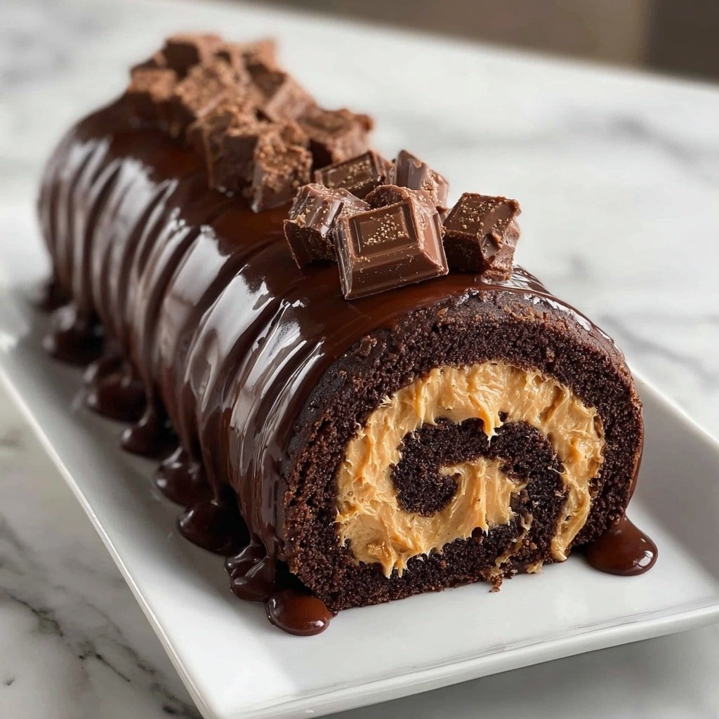 A close-up view of a chocolate and peanut butter swirl cake slice resting on a white plate placed on a white marbled surface. The cake has two visible layers in a spiral pattern: a dark, rich chocolate layer and a lighter, creamy peanut butter layer with a slightly crumbly texture. On top, the cake is covered with a thick, shiny layer of chocolate that drips slightly down the sides, alongside smooth, flowing streaks of golden peanut butter sauce. Several small square pieces of chocolate with ridged edges are placed on top, adding texture. The overall look is glossy and rich. photo taken with an iphone --ar 1:1 --v 7 — Chocolate Peanut Butter Rice Krispie Squares, easy rice krispie treat recipes, no-bake dessert ideas, quick peanut butter rice crispy bars, indulgent chocolate cereal squares