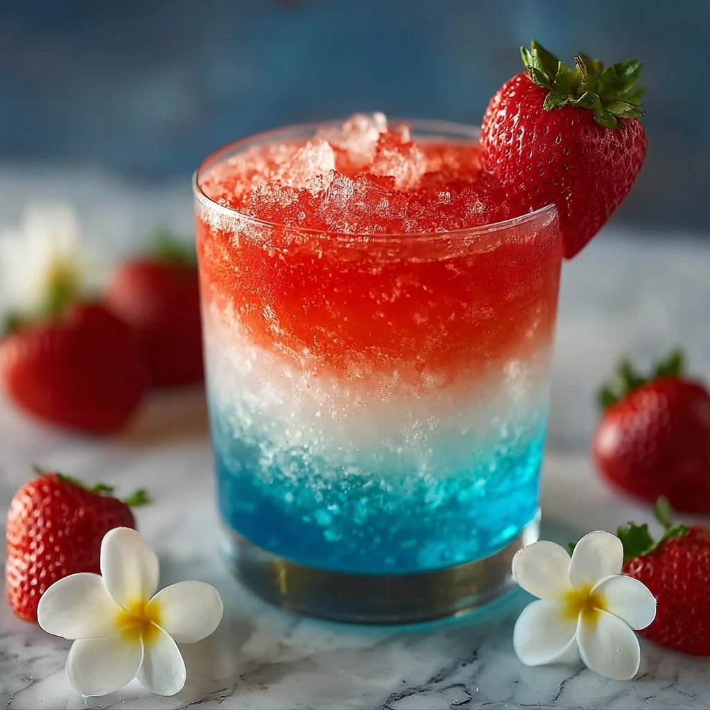 The image shows a clear glass filled with a three-layered drink placed on a white square plate with a white marbled texture surface underneath. The bottom layer is bright red with a slightly thick look, the middle layer is a thin clear band, and the top layer is a bubbly, icy light blue color filling most of the glass. A fresh, red strawberry with green leaves is placed on the rim of the glass, and another strawberry lies on the plate beside the glass. The background is softly blurred with brown tones. Photo taken with an iphone --ar 1:1 --v 7 — Strawberry Blue Hawaiian Cocktail, tropical cocktail recipes, blue Hawaiian drinks, fruity tequila cocktails, easy summer drinks