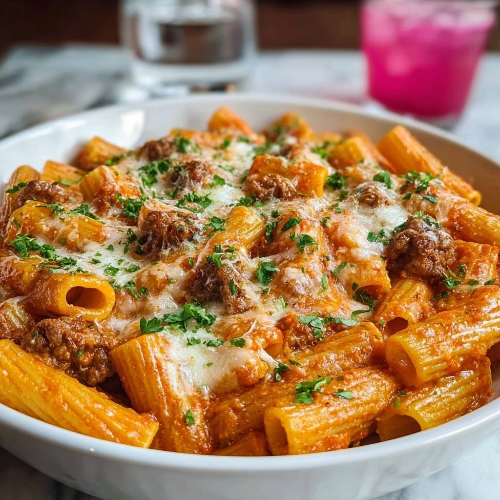 A clear glass baking dish holds a layered baked rigatoni pasta dish. The bottom layer shows a rich red tomato sauce mixed with browned meat. The pasta is rigatoni, cooked and covered in sauce, visible in the middle layer. On top is a thick layer of melted, slightly browned cheese mixed with crumbled meat and sprinkled lightly with green herbs. The dish is placed on a wooden board with some parsley beside it, and a jar of milk is in the blurred background. The surface under the dish is white marbled texture. photo taken with an iphone --ar 1:1 --v 7 — Baked Sausage Rigatoni, baked pasta with sausage, cheesy baked rigatoni, Italian sausage pasta bake, comfort food recipes