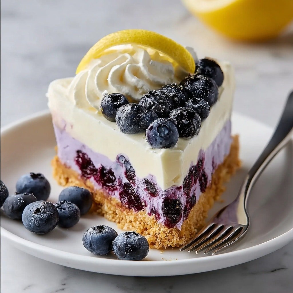 A slice of pie is shown on a white plate on a white marbled surface. The pie has three layers: the bottom is a crumbly light brown crust, the middle is a thick, smooth light purple filling, and the top is a thin layer of dark purple blueberry sauce. On top of the sauce are fresh dark blue blueberries and three thin slices of bright yellow lemon arranged in a small stack. A silver fork sits on the plate near the pie, with a few loose blueberries around it. The photo taken with an iphone --ar 1:1 --v 7 — Blueberry Lemon Pie, Blueberry Lemon Pie No-Bake, Easy Blueberry Lemon Dessert, Fresh Blueberry Pie, Lemon Berry Pie