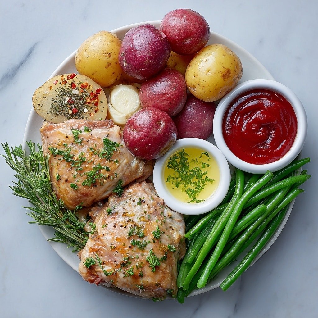 Flat lay of bone-in, skin-on chicken thighs, halved baby red potatoes, whole baby carrots, trimmed green beans, two cloves of fresh garlic, a small mound of dried basil, a small mound of dried oregano, a small pile of crushed red pepper flakes, a small pile of ground black pepper, fresh chopped parsley leaves, a small white ceramic bowl of honey, a small white ceramic bowl of reduced sodium soy sauce, a small white ceramic bowl of ketchup placed on a clean white marble surface, soft natural light, photo taken with an iPhone, professional food photography style, fresh ingredients, white ceramic bowls, no bottles, no duplicates, no utensils, no packaging --ar 1:1 --v 7 --p m7354639359234015250 — Honey Garlic Chicken Thighs with Veggies, Honey Garlic Chicken Thighs, Easy Chicken Thighs with Veggies, Comfort Food Recipes, Slow Cooker Chicken Dinner