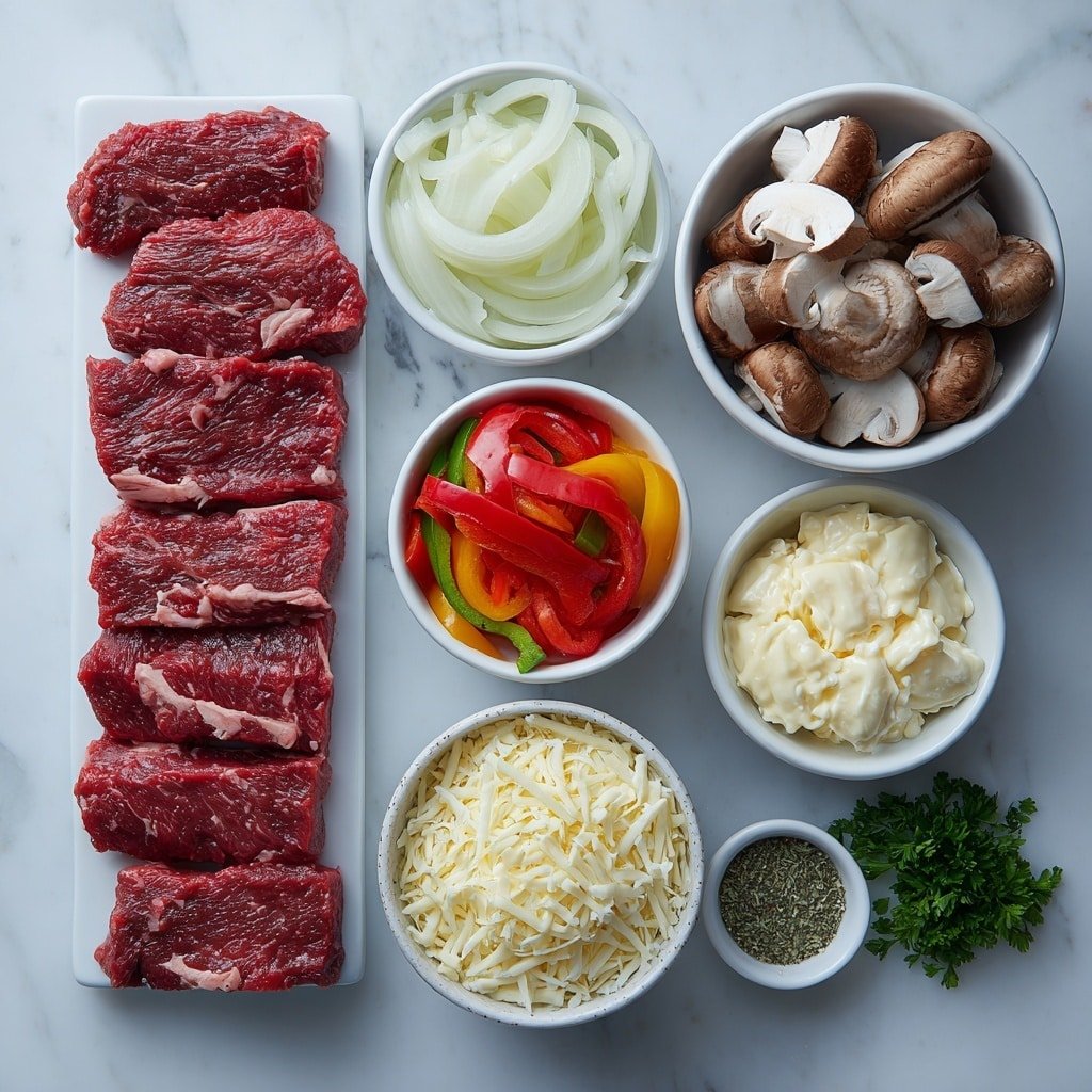 Flat lay of shaved raw beef steak slices, a large white ceramic bowl with thinly sliced onions, a white ceramic bowl holding sliced mixed-color bell peppers, a small white bowl filled with sliced fresh mushrooms, a white ceramic bowl with rich beef broth, a small white bowl of softened cream cheese, a white ceramic bowl heaped with shredded mozzarella cheese, fresh cheese tortellini arranged on a white ceramic plate, a small white bowl containing garlic powder, a small white bowl with Italian seasoning herbs, a small white bowl of coarse salt, a small white bowl of ground black pepper, and a few sprigs of fresh parsley neatly placed together, perfect symmetry and realistic proportions, fresh and natural ingredients, placed on a clean white marble surface, soft natural light, photo taken with an iPhone, professional food photography style, fresh ingredients, white ceramic bowls, no bottles, no duplicates, no utensils, no packaging --ar 1:1 --v 7 --p m7354639359234015250 — Cheesesteak Tortellini, cheesesteak tortellini recipe, easy cheesesteak pasta, slow cooker cheesesteak dish, hearty tortellini dinner