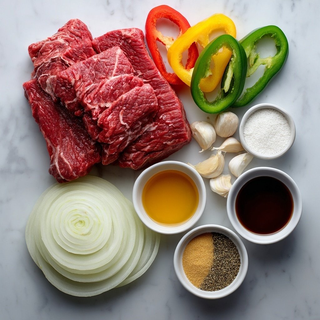 Flat lay of a thick slab of fresh beef sirloin steak, three large bell peppers in red, yellow, and green, sliced thickly, one large white onion sliced into rings, three whole garlic cloves with papery skins intact, a small white bowl of rich beef broth, a small white bowl of dark soy sauce, a small white bowl of glossy golden honey, a small white bowl of deep brown Worcestershire sauce, a small white bowl of pale light brown ground ginger powder, a small white bowl of fine black pepper, a small white bowl of white salt crystals, a small white bowl containing white cornstarch powder, three whole uncracked beef bouillon cubes, arranged with perfect symmetry on a clean white marble surface, soft natural light, photo taken with an iPhone, professional food photography style, fresh ingredients, white ceramic bowls, no bottles, no duplicates, no utensils, no packaging --ar 1:1 --v 7 --p m7354639359234015250 — Slow Cooker Pepper Beef, easy slow cooker beef recipes, comforting beef dishes, flavorful beef stir-fry, tender beef with peppers