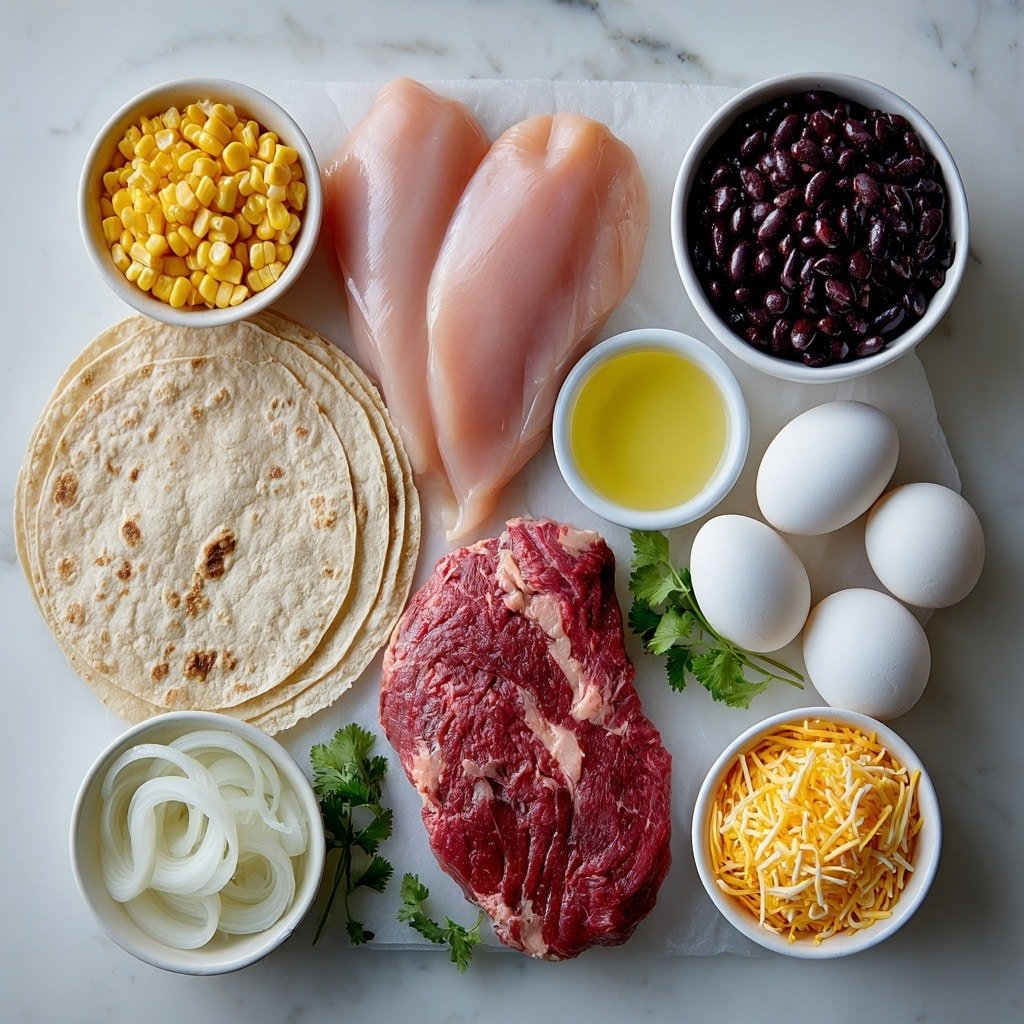 Flat lay of a raw boneless skinless chicken breast, a raw boneless beef sirloin steak, peeled deveined large shrimp arranged neatly, a small white ceramic bowl of black beans, a small white ceramic bowl of fat free refried beans, a few strips of fresh hot and sweet peppers, thinly sliced fresh mushrooms, thinly sliced white onion, a small white ceramic bowl of whole kernel corn, two 8-inch whole wheat tortillas stacked simply, a small white ceramic bowl of shredded cheddar cheese, a small white ceramic bowl of shredded mozzarella cheese, a few whole brown eggs, a small white ceramic bowl containing clear vegetable oil, and a few sprigs of fresh cilantro, all arranged in perfect symmetry on a clean white ceramic surface, placed on a clean white marble surface, soft natural light, photo taken with an iPhone, professional food photography style, fresh ingredients, white ceramic bowls, no bottles, no duplicates, no utensils, no packaging --ar 1:1 --v 7 --p m7354639359234015250 — Low Point Weight Watchers Quesadillas, healthy quesadillas, low-calorie quesadilla recipe, weight watchers friendly meals, easy healthy lunch ideas