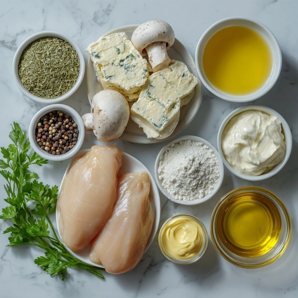 Flat lay of boneless raw chicken breasts, a small white bowl of ground sage powder, a small white bowl of coarse salt and black peppercorns, a small white bowl of golden canola oil, a simple white ceramic plate with fresh whole white button mushrooms, a small white bowl of smooth fat free sour cream, a small white bowl of fine all purpose flour, a small white bowl of bright yellow Dijon mustard, a small white bowl of clear white cooking wine, and a small bunch of fresh green parsley sprigs, all arranged symmetrically placed on a clean white marble surface, soft natural light, photo taken with an iPhone, professional food photography style, fresh ingredients, white ceramic bowls, no bottles, no duplicates, no utensils, no packaging --ar 1:1 --v 7 --p m7354639359234015250 — Creamy Mushroom Chicken Breasts, creamy mushroom chicken, mushroom chicken dinner, easy chicken recipes, comforting chicken dish