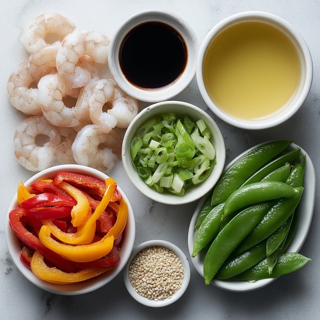 Flat lay of a small pile of large raw peeled and deveined shrimp, a heap of sliced red, yellow, and orange bell peppers, fresh snow peas and sugar snap peas arranged side by side, a small mound of fresh green onion white parts sliced, a small white ceramic bowl of golden extra virgin olive oil, a small white bowl filled with pale soy sauce, another small white bowl containing clear white wine, and a small white bowl with scattered light tan sesame seeds, all ingredients fresh and natural, no packaging or utensils, balanced and symmetrical layout, placed on a clean white marble surface, soft natural light, photo taken with an iPhone, professional food photography style, fresh ingredients, white ceramic bowls, no bottles, no duplicates, no utensils, no packaging --ar 1:1 --v 7 --p m7354639359234015250 — Sesame Shrimp and Vegetable Stir-Fry, healthy shrimp stir-fry recipe, quick vegetable stir-fry with sesame, easy shrimp and vegetable stir-fry, flavorful stir-fry with shrimp and vegetables
