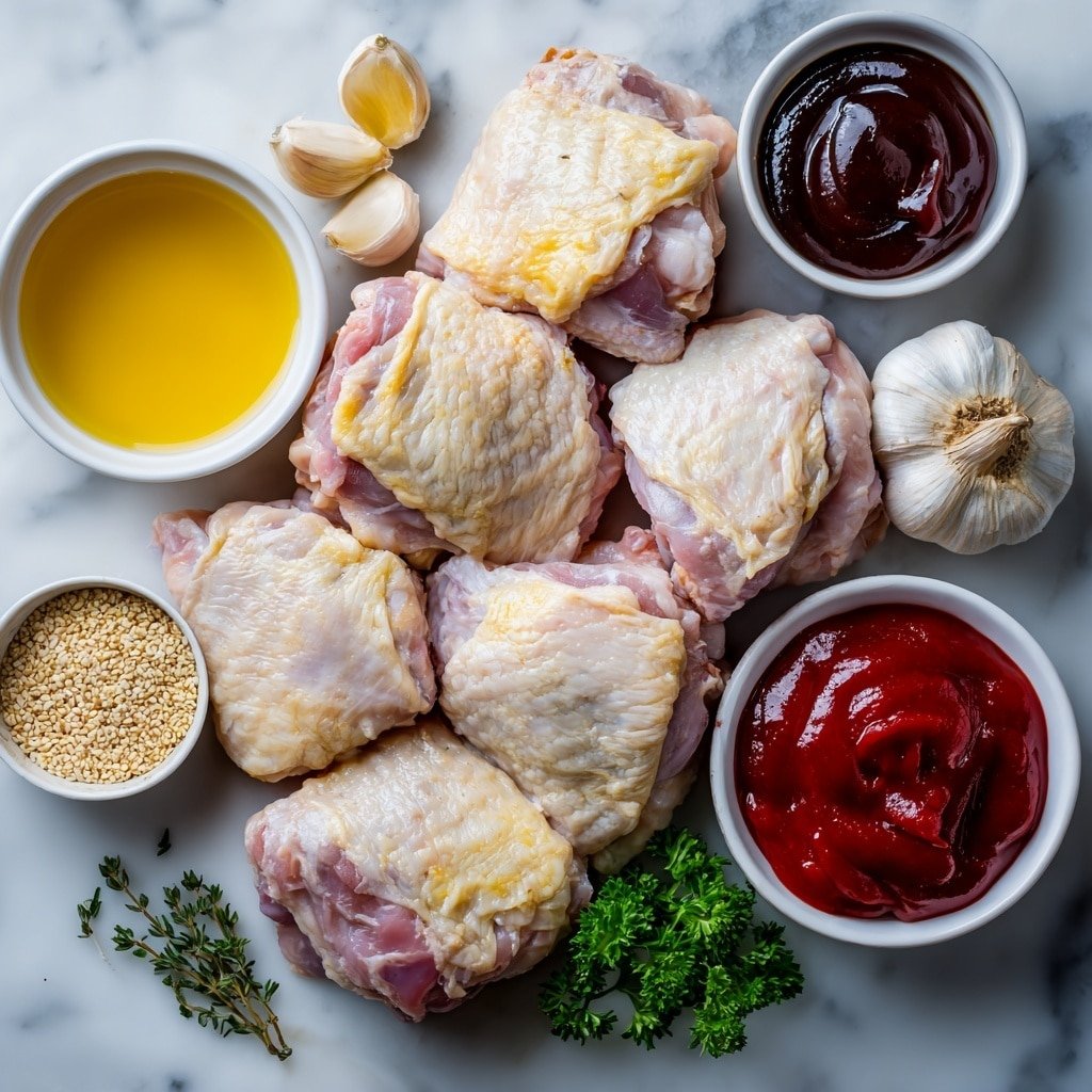 Flat lay of six bone-in, skin-on raw chicken thighs arranged neatly, five whole garlic cloves with papery skin intact, a small white ceramic bowl filled with golden honey, another small white bowl holding deep red ketchup, a third small white bowl containing dark soy sauce, a few sprigs of fresh green parsley, a small white bowl with light brown oregano leaves, fresh ginger root with a piece partially grated, a small white bowl of beige sesame seeds, and a pinch of red pepper flakes scattered delicately on the surface, all placed on a clean white marble surface, soft natural light, photo taken with an iPhone, professional food photography style, fresh ingredients, white ceramic bowls, no bottles, no duplicates, no utensils, no packaging --ar 1:1 --v 7 --p m7354639359234015250 — Honey Garlic Chicken Thighs Slow Cooker, simple chicken thigh recipes, easy slow cooker chicken, comforting chicken dinner, flavorful chicken recipes