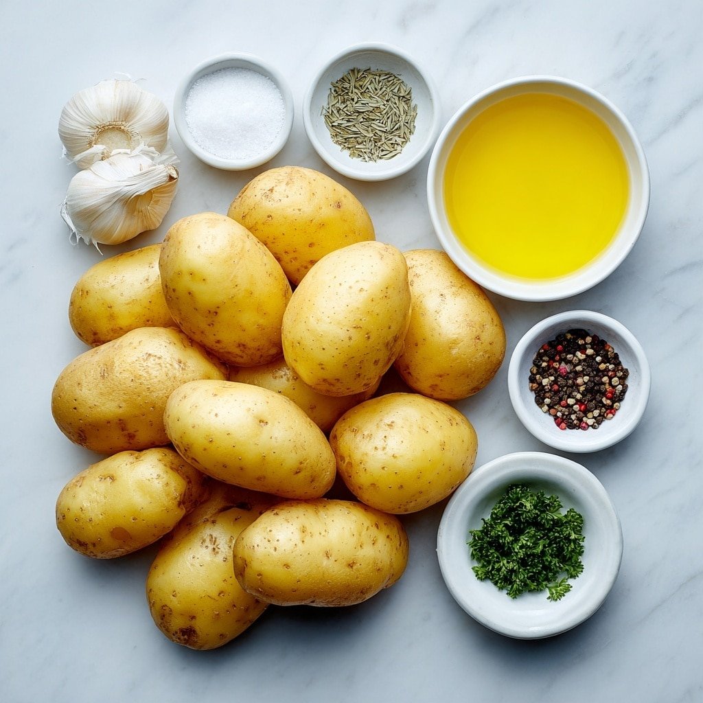 Flat lay of a pile of fresh Russet and Yukon Gold potatoes with smooth skins, a small white bowl of bright yellow freshly squeezed lemon juice, a small white bowl filled with golden extra virgin olive oil, several whole unpeeled garlic cloves, a neat pile of dried oregano leaves, a small white bowl of coarse sea salt, a small white bowl of cracked black peppercorns, a small white bowl of clear vegetable broth, and a few sprigs of fresh green parsley placed in a simple, balanced, symmetrical arrangement on a clean white marble surface, soft natural light, photo taken with an iPhone, professional food photography style, fresh ingredients, white ceramic bowls, no bottles, no duplicates, no utensils, no packaging --ar 1:1 --v 7 --p m7354639359234015250 — Greek Roasted Potatoes, Greek Roasted Potatoes recipe, Greek potato side dish, Greek lemon herb potatoes, Mediterranean roasted potatoes