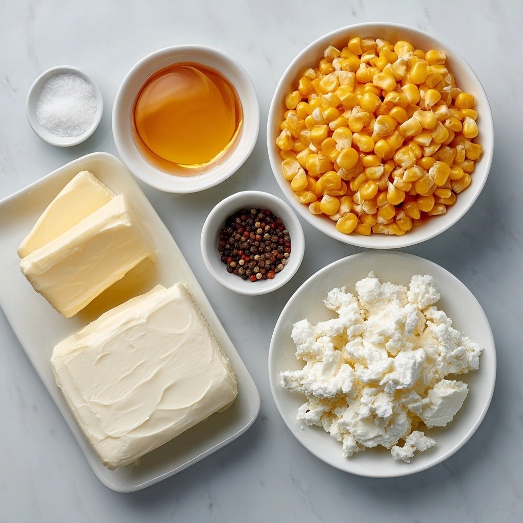 Flat lay of unsalted butter in a small white ceramic bowl, golden honey in a small white ceramic bowl, vibrant frozen sweet corn kernels loosely spread, a block of softened cream cheese on a simple white ceramic plate, small white ceramic bowls with salt crystals and whole black peppercorns placed symmetrically, all ingredients fresh and natural, arranged with perfect symmetry and realistic proportions, placed on a clean white marble surface, soft natural light, photo taken with an iPhone, professional food photography style, fresh ingredients, white ceramic bowls, no bottles, no duplicates, no utensils, no packaging --ar 1:1 --v 7 --p m7354639359234015250 — Honey Butter Skillet Corn, easy corn side dish, sweet savory skillet corn, comforting corn recipe, quick corn side
