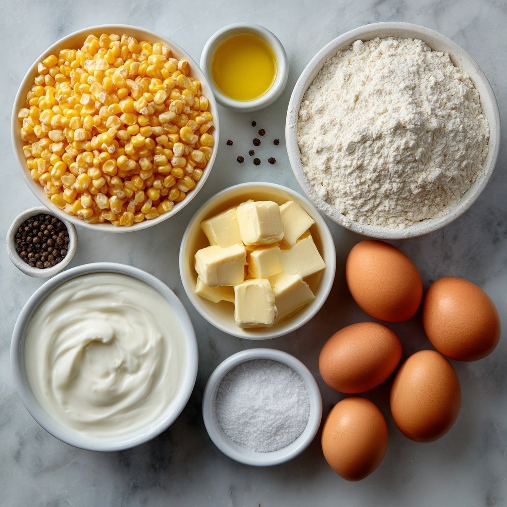 Flat lay of fresh sweet yellow corn kernels spilling slightly from a small white ceramic bowl, a small white bowl filled with smooth whole milk, another small white bowl with thick heavy cream, a small white bowl containing fine granulated white sugar, a neat pile of pale off-white all-purpose flour on a white ceramic plate, three whole uncracked large brown eggs arranged side by side, a small white bowl holding melted golden unsalted butter, and a pinch of coarse salt and freshly cracked black peppercorns artfully scattered on the clean white surface, all placed on a clean white marble surface, soft natural light, photo taken with an iPhone, professional food photography style, fresh ingredients, white ceramic bowls, no bottles, no duplicates, no utensils, no packaging --ar 1:1 --v 7 --p m7354639359234015250 — Sweet Corn Pudding Bake, Corn Pudding Bake recipe, comforting corn casserole, easy corn pudding, seasonal corn sides