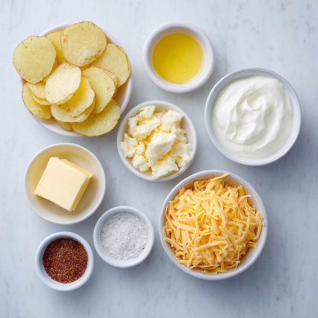 Flat lay of peeled thinly sliced potatoes arranged neatly beside a small white ceramic bowl of golden melted butter, another small white bowl filled with smooth white sour cream, a third small white bowl holding creamy light milk, a small white bowl containing rich shredded orange cheddar cheese, and a small white bowl with fine French onion soup mix powder, sprinkled salt and pepper grains artistically scattered nearby, all placed on a clean white marble surface, soft natural light, photo taken with an iPhone, professional food photography style, fresh ingredients, white ceramic bowls, no bottles, no duplicates, no utensils, no packaging --ar 1:1 --v 7 --p m7354639359234015250 — French Onion Potatoes Casserole, French Onion casserole recipe, cheesy potato casserole, caramelized onion potato bake, comforting potato casserole