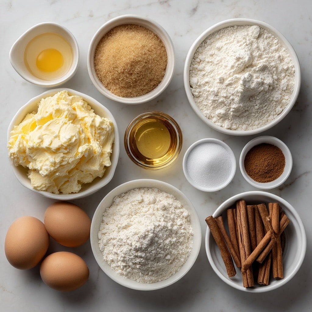 Flat lay of a small mound of unsalted browned butter, a small white bowl filled with packed brown sugar, a small white bowl with granulated sugar, two large whole uncracked brown eggs, a small white bowl holding a pale golden vanilla extract, a simple white bowl containing all-purpose flour, a small white bowl with baking soda powder, a small white bowl with cinnamon powder, a small white bowl with ground allspice, a few sprigs of cinnamon sticks, two whole fresh Honeycrisp apples, peeled, cored and diced apples tossed with brown and granulated sugar and cinnamon in a white bowl placed symmetrically, placed on a clean white marble surface, soft natural light, photo taken with an iPhone, professional food photography style, fresh ingredients, white ceramic bowls, no bottles, no duplicates, no utensils, no packaging --ar 1:1 --v 7 --p m7354639359234015250 — Caramel Apple Cookie Skillet, Apple Skillet Cookie, Easy Apple Desserts, Warm Apple Cookie Dessert, Caramel Apple Treats
