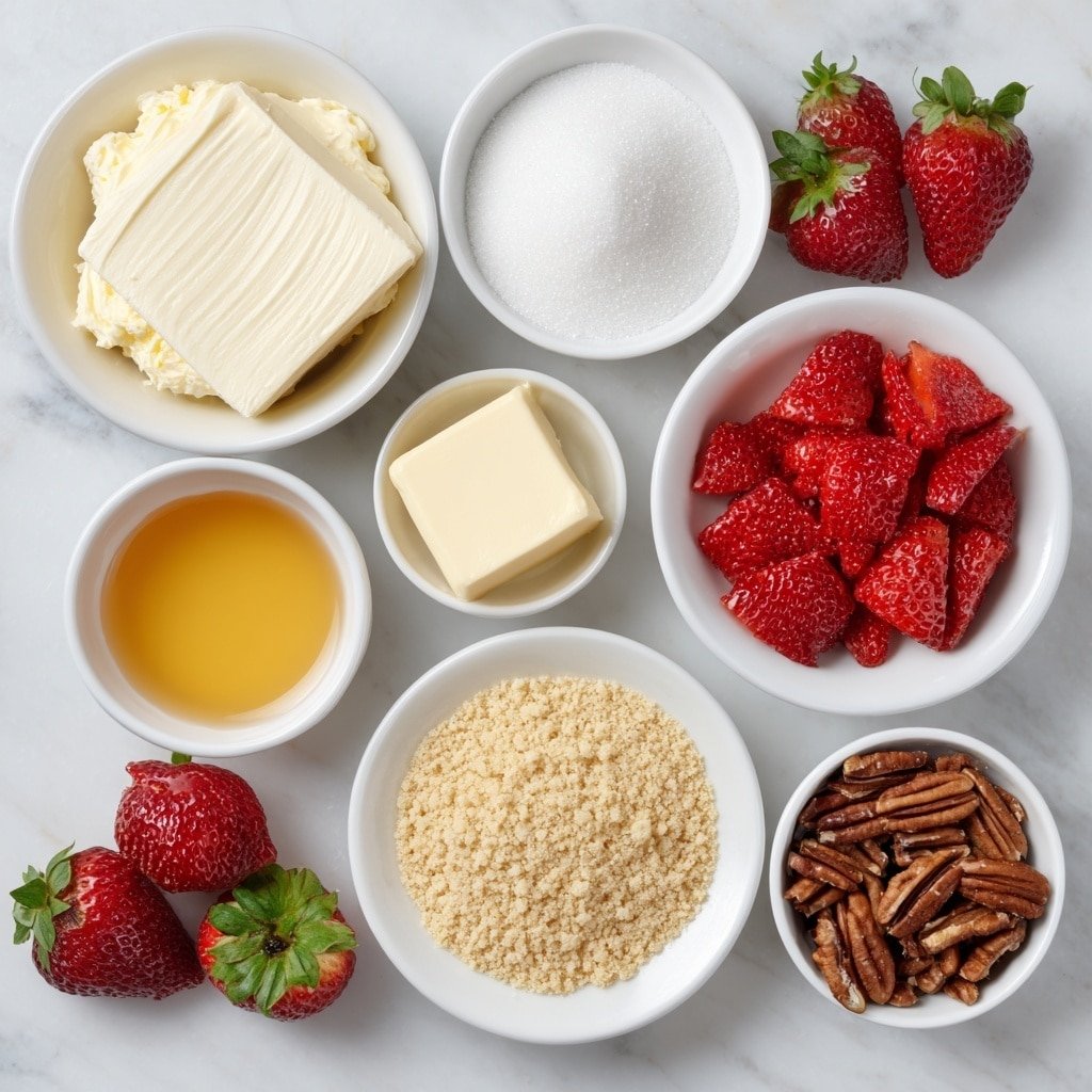 Flat lay of softened cream cheese in a simple white ceramic bowl, granulated sugar in a small white bowl, a small white bowl with clear vanilla extract, a small white bowl of heavy cream, finely chopped fresh strawberries on a white plate, graham cracker crumbs in a simple white ceramic bowl, melted unsalted butter in a small white bowl, chopped toasted pecans in a small white bowl, additional whole fresh strawberries arranged beside the bowls, all ingredients fresh and natural, perfectly balanced symmetrical layout, placed on a clean white marble surface, soft natural light, photo taken with an iPhone, professional food photography style, fresh ingredients, white ceramic bowls, no bottles, no duplicates, no utensils, no packaging --ar 1:1 --v 7 --p m7354639359234015250 — Strawberry Cheesecake Tacos, how to make strawberry cheesecake tacos, easy strawberry cheesecake dessert, summer fruit tacos, no-bake cheesecake tacos