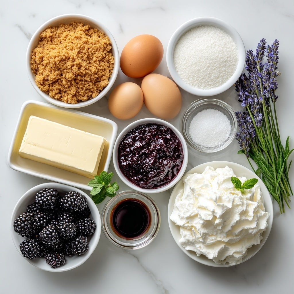 Flat lay of graham cracker crumbs in a small white ceramic bowl, a small white ceramic bowl with melted unsalted butter, a block of smooth cream cheese, a small white ceramic bowl with granulated sugar, two whole large eggs with clean shells, a small white ceramic bowl of sour cream, a small white ceramic bowl of vanilla extract, a small white ceramic bowl filled with rich blackberry puree, a small white ceramic bowl holding dried culinary lavender, fresh glossy blackberries scattered naturally, fresh sprigs of lavender with green stems and purple flowers, and a dollop of fluffy whipped cream on a simple white ceramic plate, all arranged symmetrically and balanced, placed on a clean white marble surface, soft natural light, photo taken with an iPhone, professional food photography style, fresh ingredients, white ceramic bowls, no bottles, no duplicates, no utensils, no packaging --ar 1:1 --v 7 --p m7354639359234015250 — Blackberry Lavender Cheesecake Bites, mini cheesecake recipes, elegant dessert ideas, floral fruit desserts, easy berry cheesecake treats