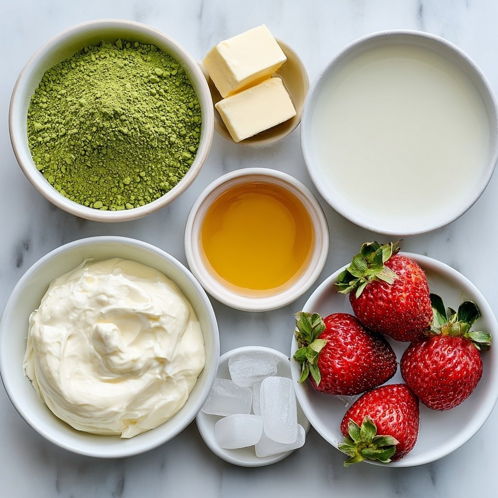Flat lay of a small mound of vibrant green ceremonial grade matcha powder in a simple white ceramic bowl, a small white bowl with clear hot water, a small white bowl with golden liquid sweetener, a group of three medium fresh strawberries with bright red color and green leafy caps, a small white bowl filled with smooth creamy heavy cream, a small white bowl with fresh white milk, a small white bowl holding pure white ice cubes, placed on a clean white marble surface, soft natural light, photo taken with an iPhone, professional food photography style, fresh ingredients, white ceramic bowls, no bottles, no duplicates, no utensils, no packaging --ar 1:1 --v 7 --p m7354639359234015250 — Strawberry Matcha Latte, strawberry matcha beverage, healthy matcha drink, refreshing strawberry latte, easy matcha tea recipe