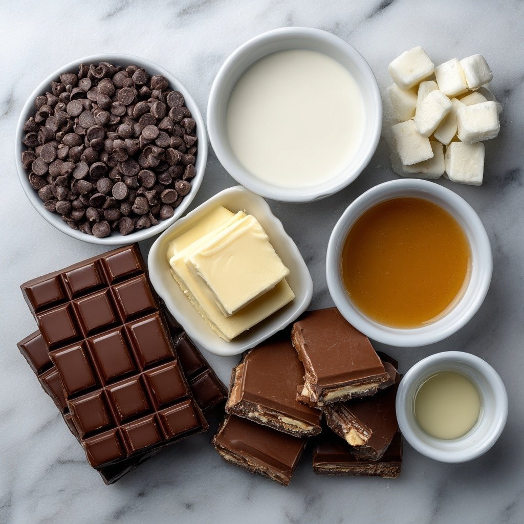 Flat lay of a small mound of glossy semi-sweet chocolate chips, a few chunks of pale unsalted butter, a small white ceramic bowl filled with thick sweetened condensed milk, a small white ceramic bowl with golden caramel sauce, a few irregular pieces of chopped Milky Way bars showing nougat, caramel, and chocolate layers, and a small white ceramic bowl holding clear vanilla extract placed in perfect symmetry, all on a clean white marble surface, soft natural light, photo taken with an iPhone, professional food photography style, fresh ingredients, white ceramic bowls, no bottles, no duplicates, no utensils, no packaging --ar 1:1 --v 7 --p m7354639359234015250 — Milky Way Fudge, easy Milky Way fudge, caramel chocolate fudge, homemade candy recipes, decadent fudge treats