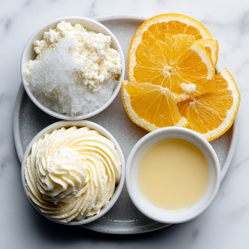 Flat lay of a small pile of crushed ice, a small white bowl of bright orange soda, a small white bowl of creamy half-and-half, a small white bowl of pale golden vanilla syrup, a delicate swirl of whipped cream on a simple white ceramic plate, fresh orange slices arranged neatly, all placed with perfect symmetry on a clean white ceramic surface, placed on a clean white marble surface, soft natural light, photo taken with an iPhone, professional food photography style, fresh ingredients, white ceramic bowls, no bottles, no duplicates, no utensils, no packaging --ar 1:1 --v 7 --p m7354639359234015250 — Creamsicle Orange Soda Cocktail, orange soda cocktail, creamy orange drink, nostalgic summer cocktails, easy fruity cocktail recipe