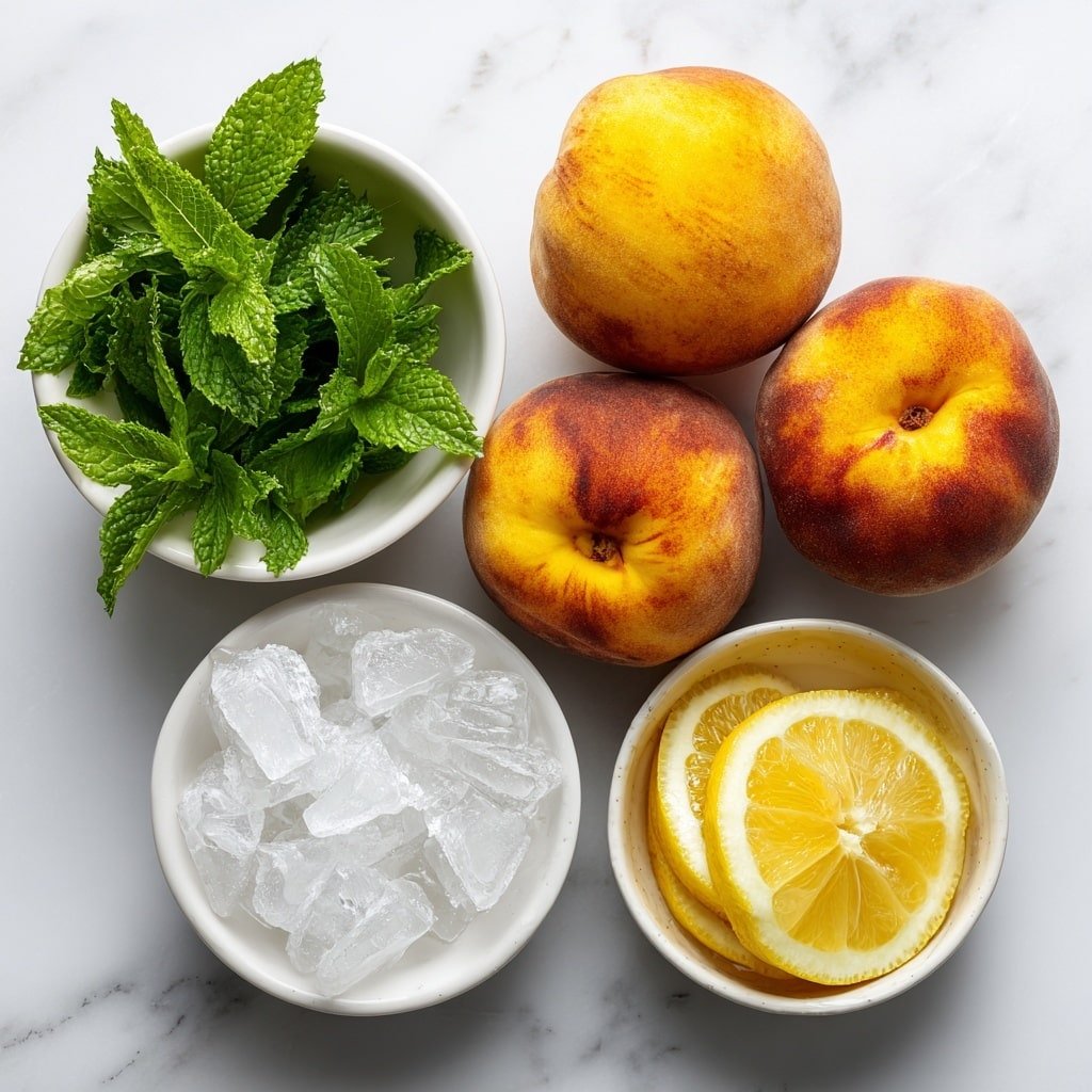 Flat lay of ripe whole peaches with fuzzy orange-yellow skin, a small white bowl filled with fresh bright green mint leaves, thin lemon slices arranged in a simple white ceramic bowl, a small white bowl holding clear ice cubes, and a small white bowl filled with pale yellow homemade lemonade, all arranged in perfect symmetry on a clean white marble surface, soft natural light, photo taken with an iPhone, professional food photography style, fresh ingredients, white ceramic bowls, no bottles, no duplicates, no utensils, no packaging --ar 1:1 --v 7 --p m7354639359234015250 — Peach Lemonade, homemade peach lemonade, refreshing fruit drinks, summer beverages, easy lemonade recipe