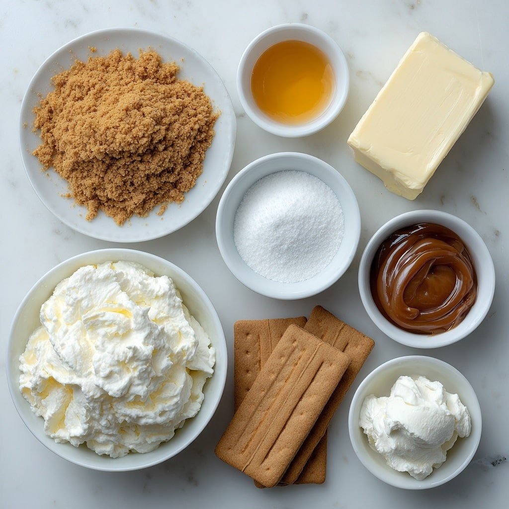 Flat lay of a small pile of golden Biscoff cookie crumbs, a small white bowl of melted golden butter, a block of smooth cream cheese, a small white bowl filled with glossy, light brown cookie butter (Biscoff spread), a small white bowl of fine white powdered sugar, a small white bowl of thick heavy whipping cream, a small white bowl of amber caramel sauce, a dollop of fluffy white whipped cream, and two whole rectangular Biscoff cookies, all arranged symmetrically in simple white ceramic bowls and plates, placed on a clean white marble surface, soft natural light, photo taken with an iPhone, professional food photography style, fresh ingredients, white ceramic bowls, no bottles, no duplicates, no utensils, no packaging --ar 1:1 --v 7 --p m7354639359234015250 — Biscoff Cookie Butter Cheesecake Cups, Oreo cheesecake cups, no-bake cheesecake dessert, easy Biscoff cheesecake, comforting dessert recipes