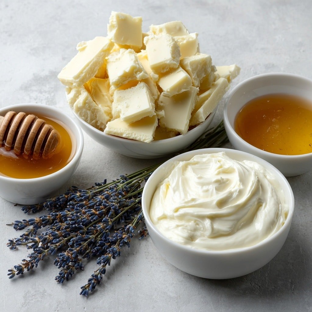 Flat lay of a small pile of irregular white chocolate pieces, a small white ceramic bowl filled with heavy cream, a few sprigs and loose dried lavender flowers arranged neatly beside a small white bowl with golden honey, all fresh and natural, placed on a clean white marble surface, soft natural light, photo taken with an iPhone, professional food photography style, fresh ingredients, white ceramic bowls, no bottles, no duplicates, no utensils, no packaging --ar 1:1 --v 7 --p m7354639359234015250 — Honey Lavender White Chocolate Truffles, honey lavender truffles, white chocolate truffles recipe, floral white chocolate treats, homemade lavender confections